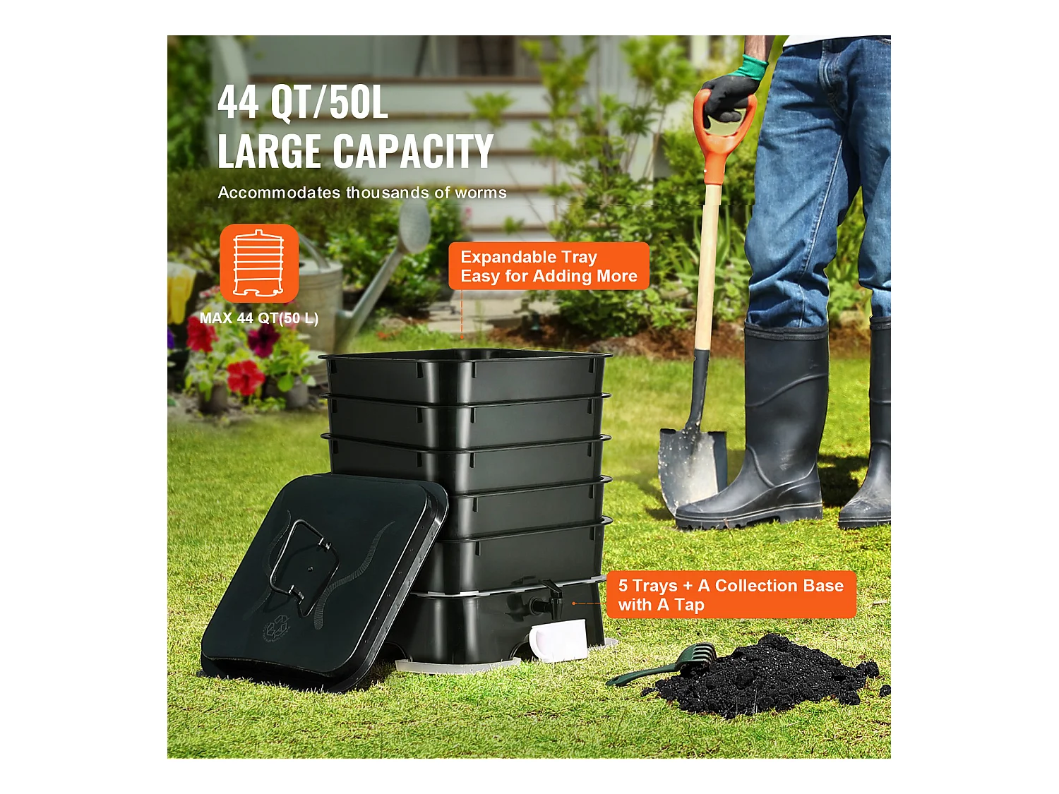 Lombricomposteur SucceBuy à 5 Plateaux Composteur de Jardin 50 L Bac à Compost à Vers Extérieur Intérieur