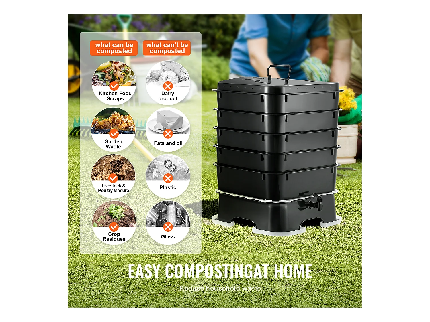 Lombricomposteur SucceBuy à 5 Plateaux Composteur de Jardin 50 L Bac à Compost à Vers Extérieur Intérieur