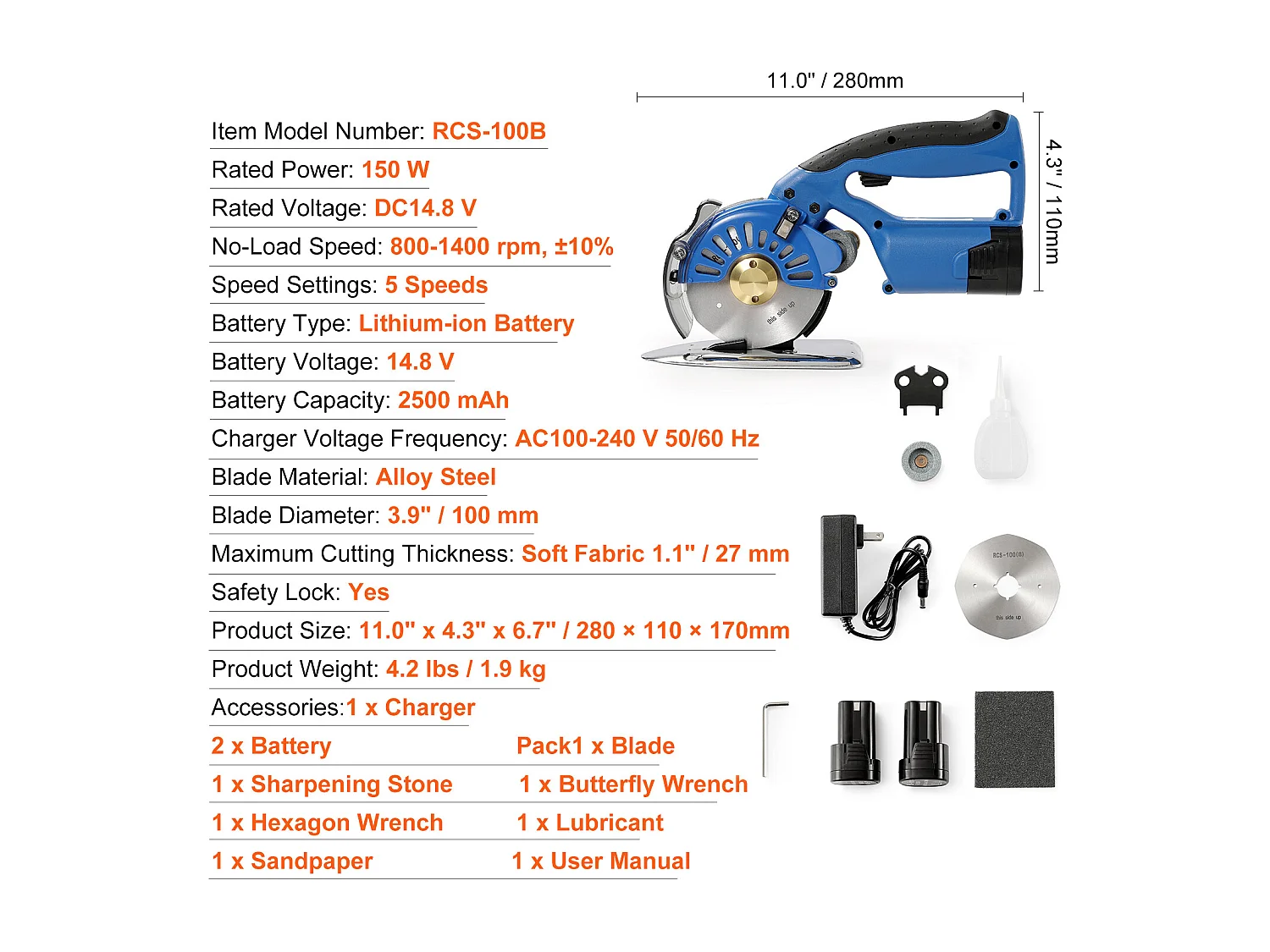 Draadloze Elektrische Naaischaar SucceBuy 150W Elektrische Roterende Stofsnijder Snijdikte 27MM Mes 100MM 5 Instelbare Snelheden