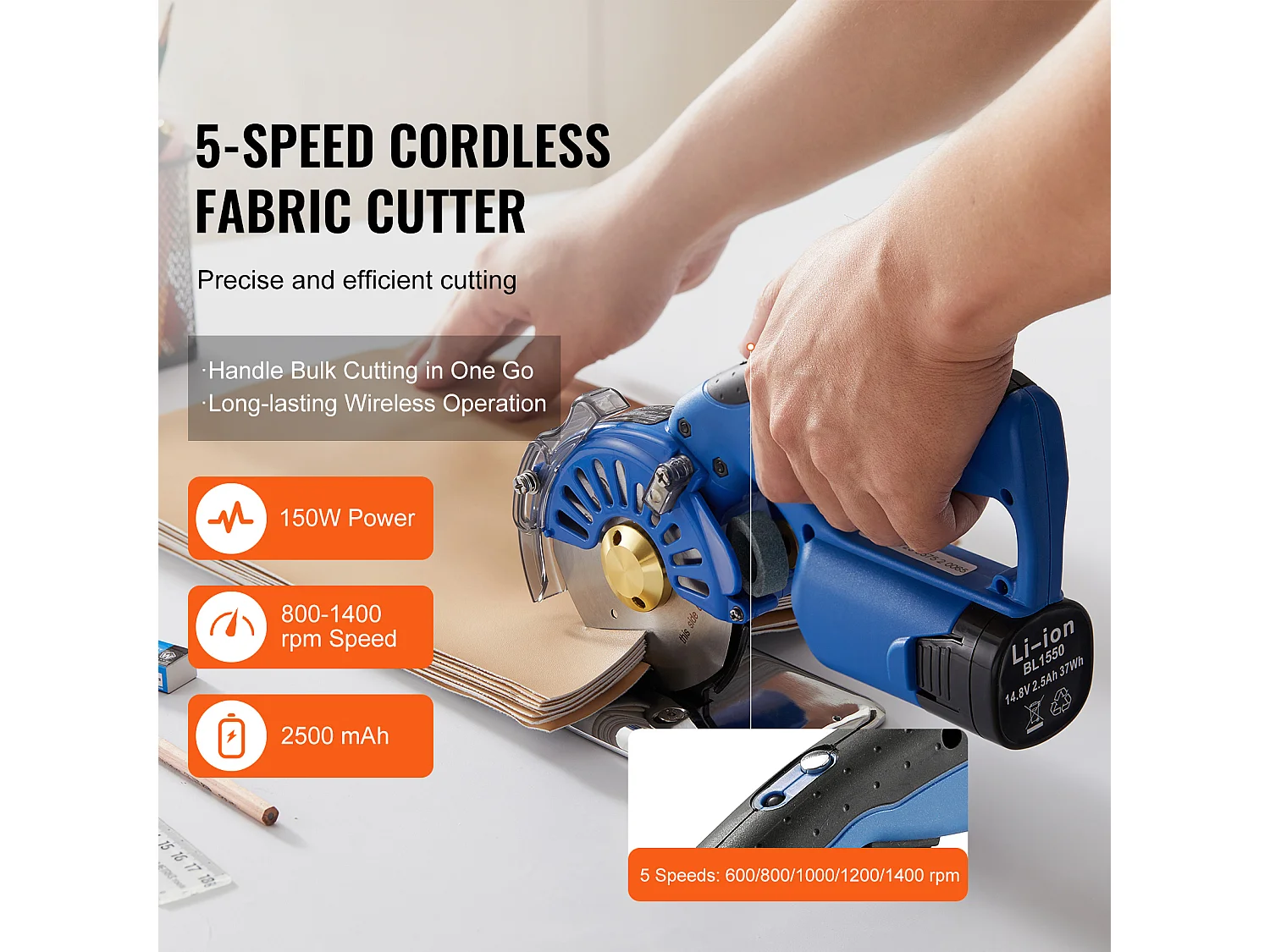 Draadloze Elektrische Naaischaar SucceBuy 150W Elektrische Roterende Stofsnijder Snijdikte 27MM Mes 100MM 5 Instelbare Snelheden