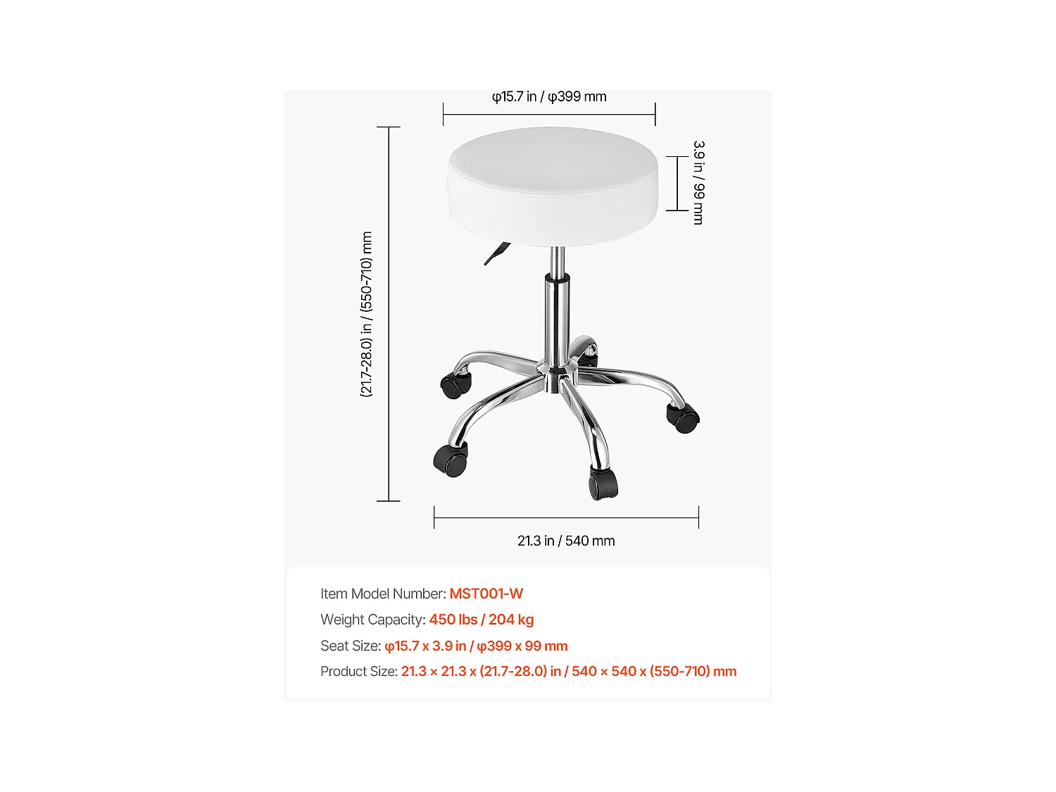 Tabouret de Bureau SucceBuy Tabouret à Roulettes Rond Blanc, Hauteur Réglable, Pivotant, Capacité de 204KG