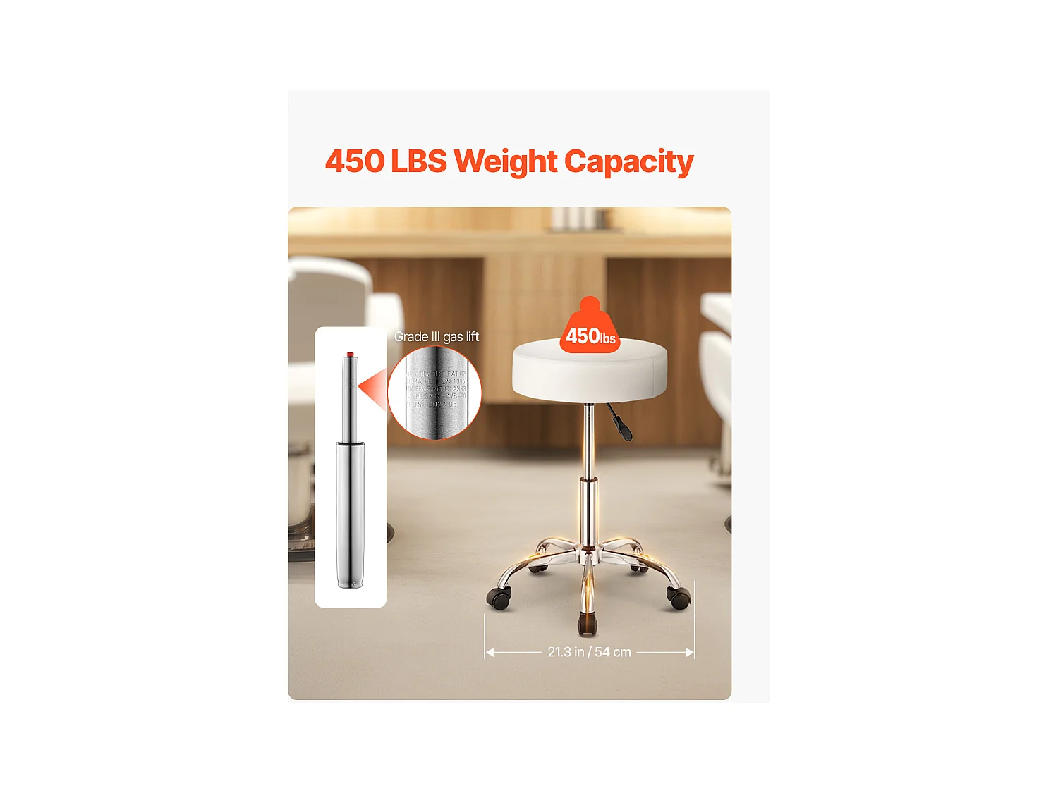 Tabouret de Bureau SucceBuy Tabouret à Roulettes Rond Blanc, Hauteur Réglable, Pivotant, Capacité de 204KG