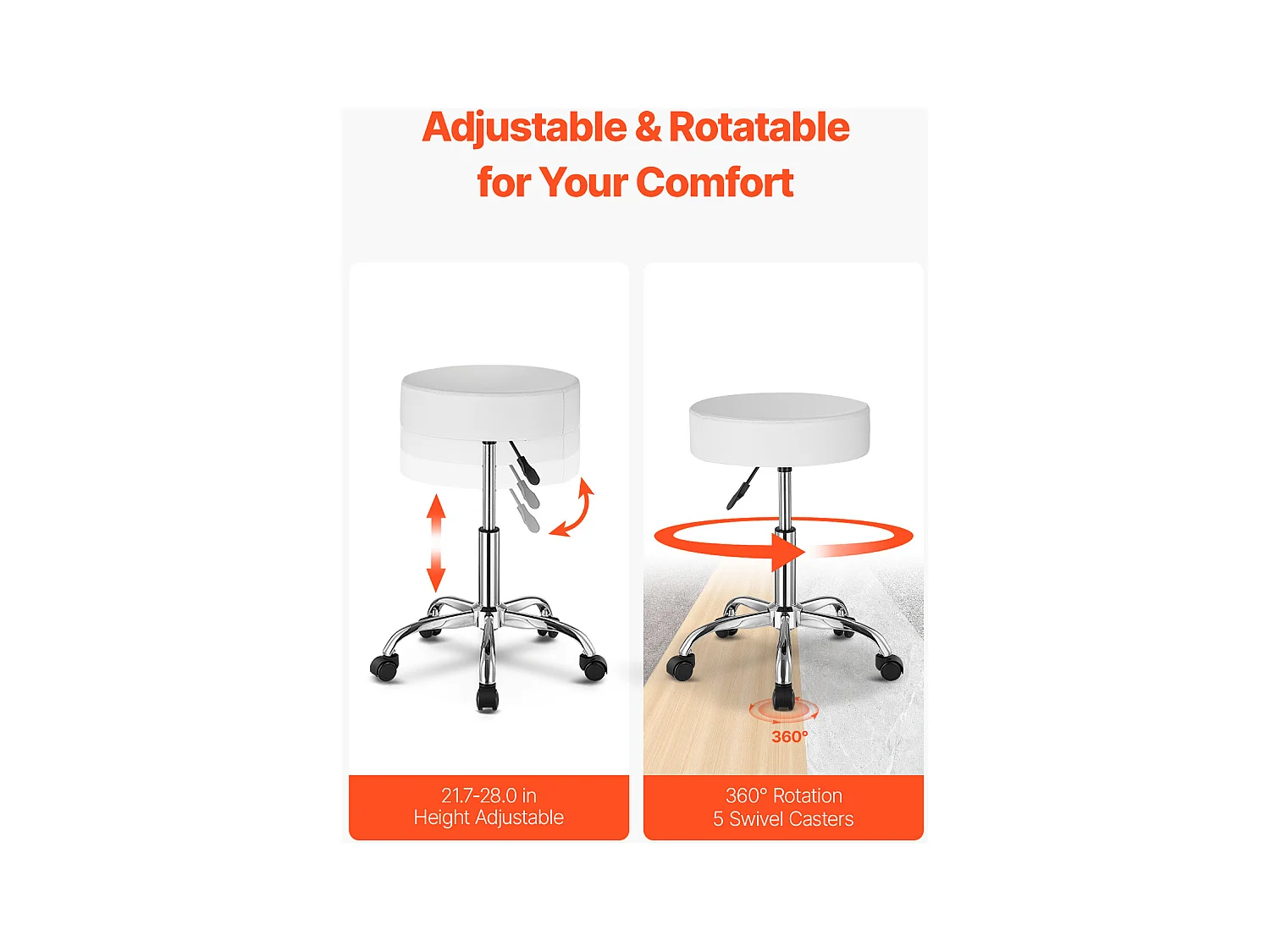 Tabouret de Bureau SucceBuy Tabouret à Roulettes Rond Blanc, Hauteur Réglable, Pivotant, Capacité de 204KG