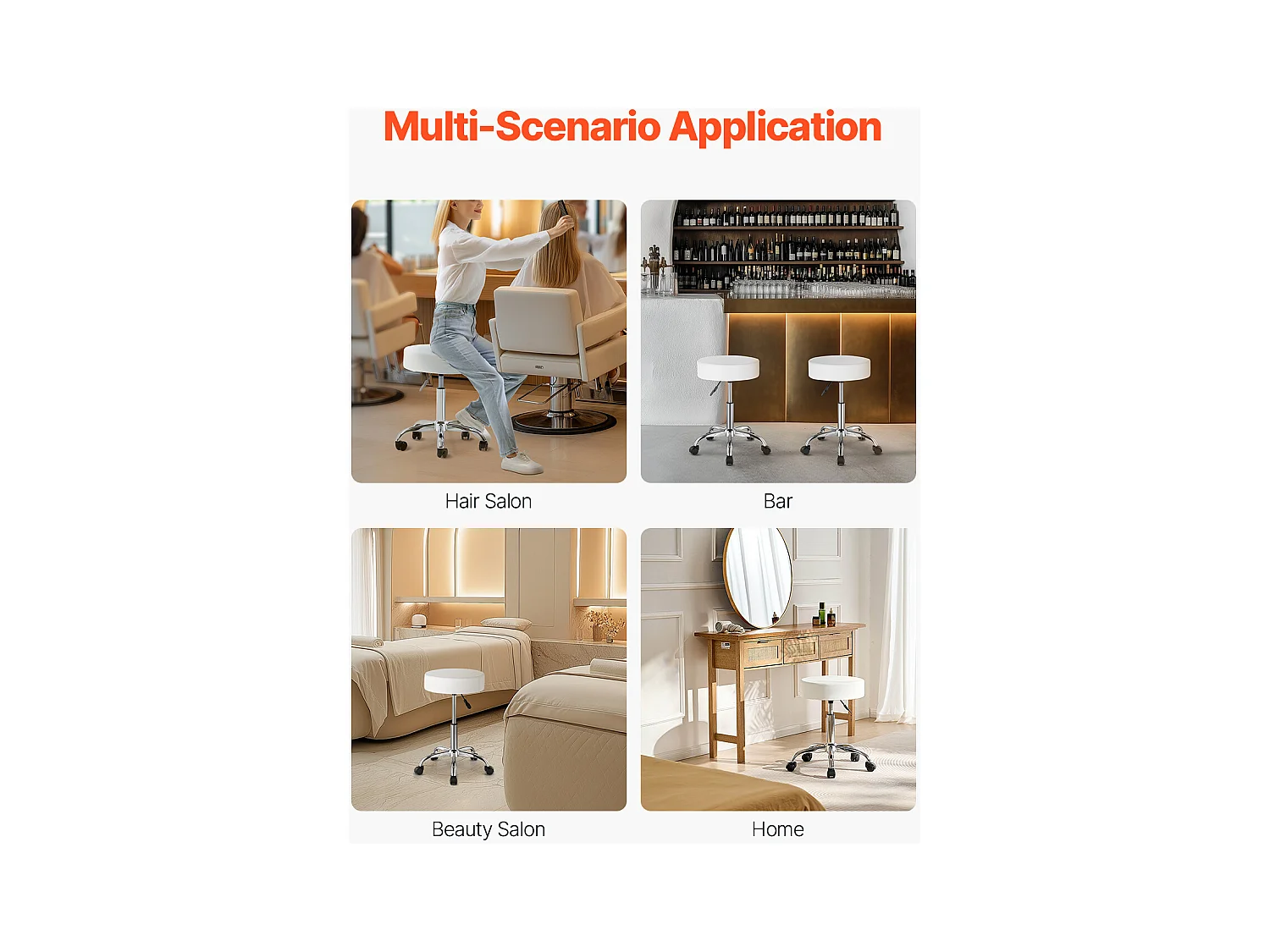 Tabouret de Bureau SucceBuy Tabouret à Roulettes Rond Blanc, Hauteur Réglable, Pivotant, Capacité de 204KG