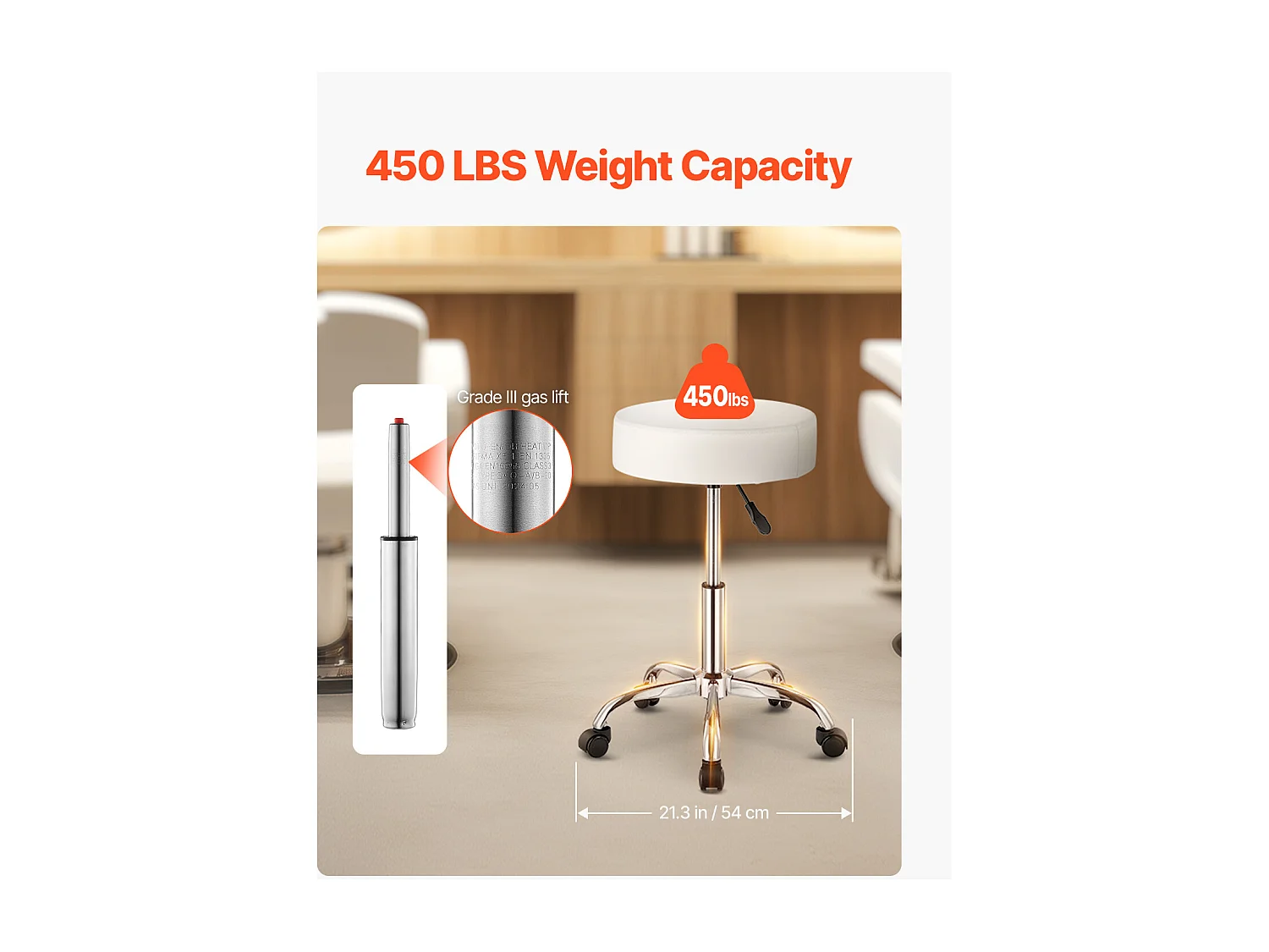 Tabouret de Bureau SucceBuy Tabouret à Roulettes Rond Blanc, Hauteur Réglable, Pivotant, Capacité de 204KG