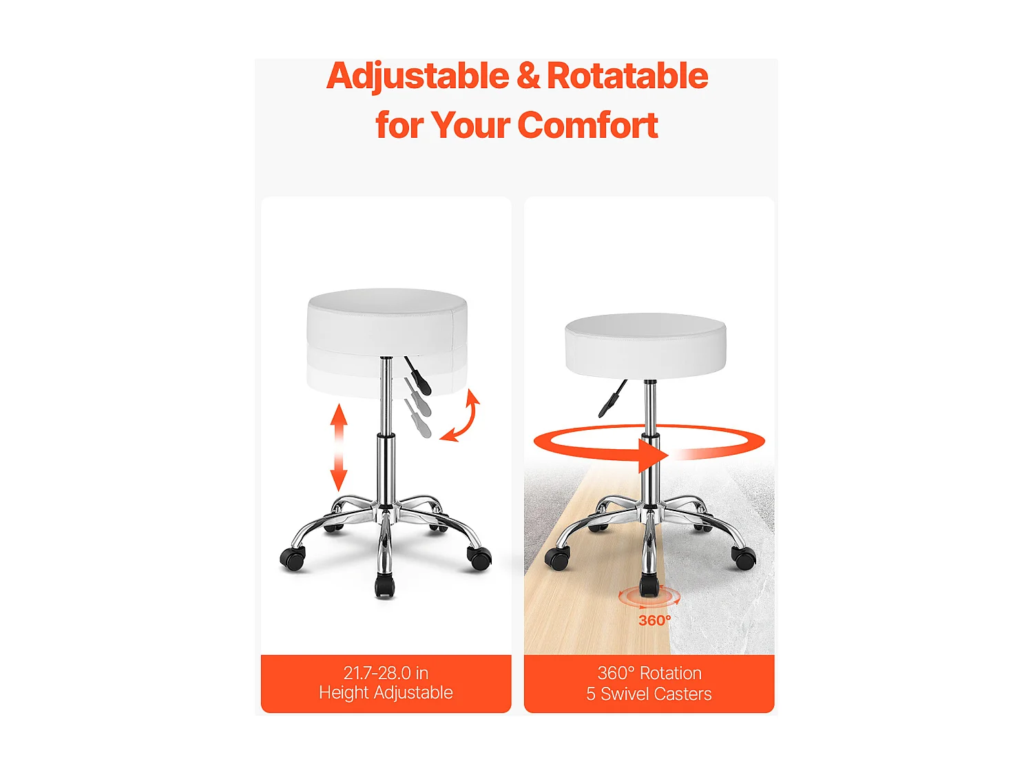 Tabouret de Bureau SucceBuy Tabouret à Roulettes Rond Blanc, Hauteur Réglable, Pivotant, Capacité de 204KG