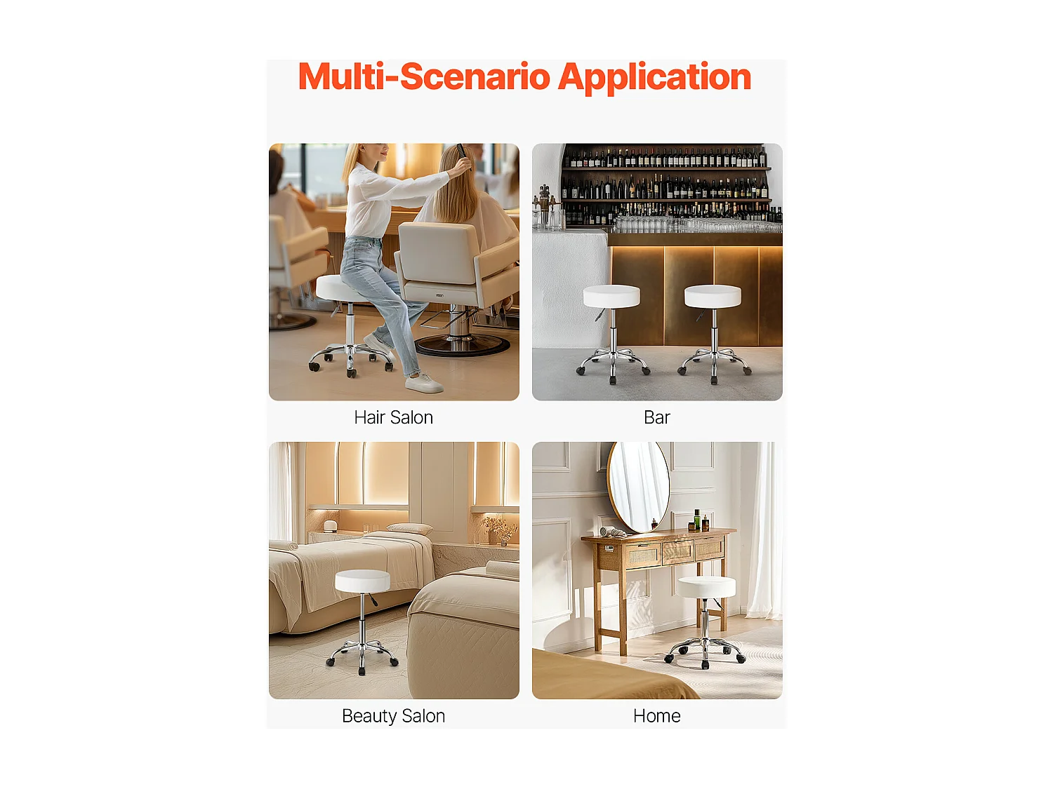 Tabouret de Bureau SucceBuy Tabouret à Roulettes Rond Blanc, Hauteur Réglable, Pivotant, Capacité de 204KG