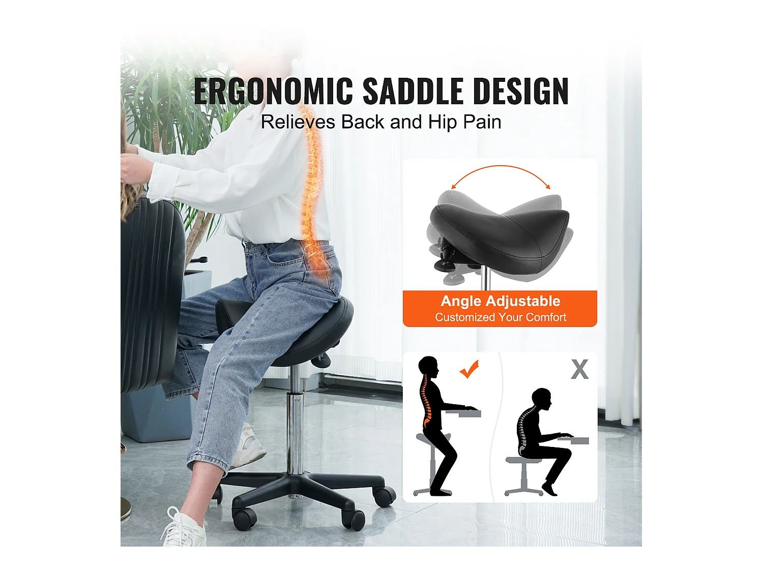 Tabouret de Bureau SucceBuy Tabouret de Selle, Chaise Roulante avec Roulettes, Cuir PU Épais