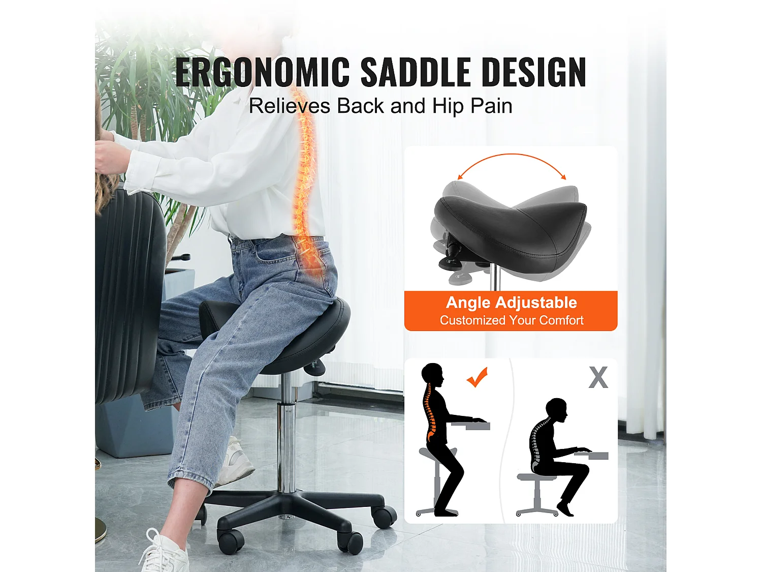 Tabouret de Bureau SucceBuy Tabouret de Selle, Chaise Roulante avec Roulettes, Cuir PU Épais