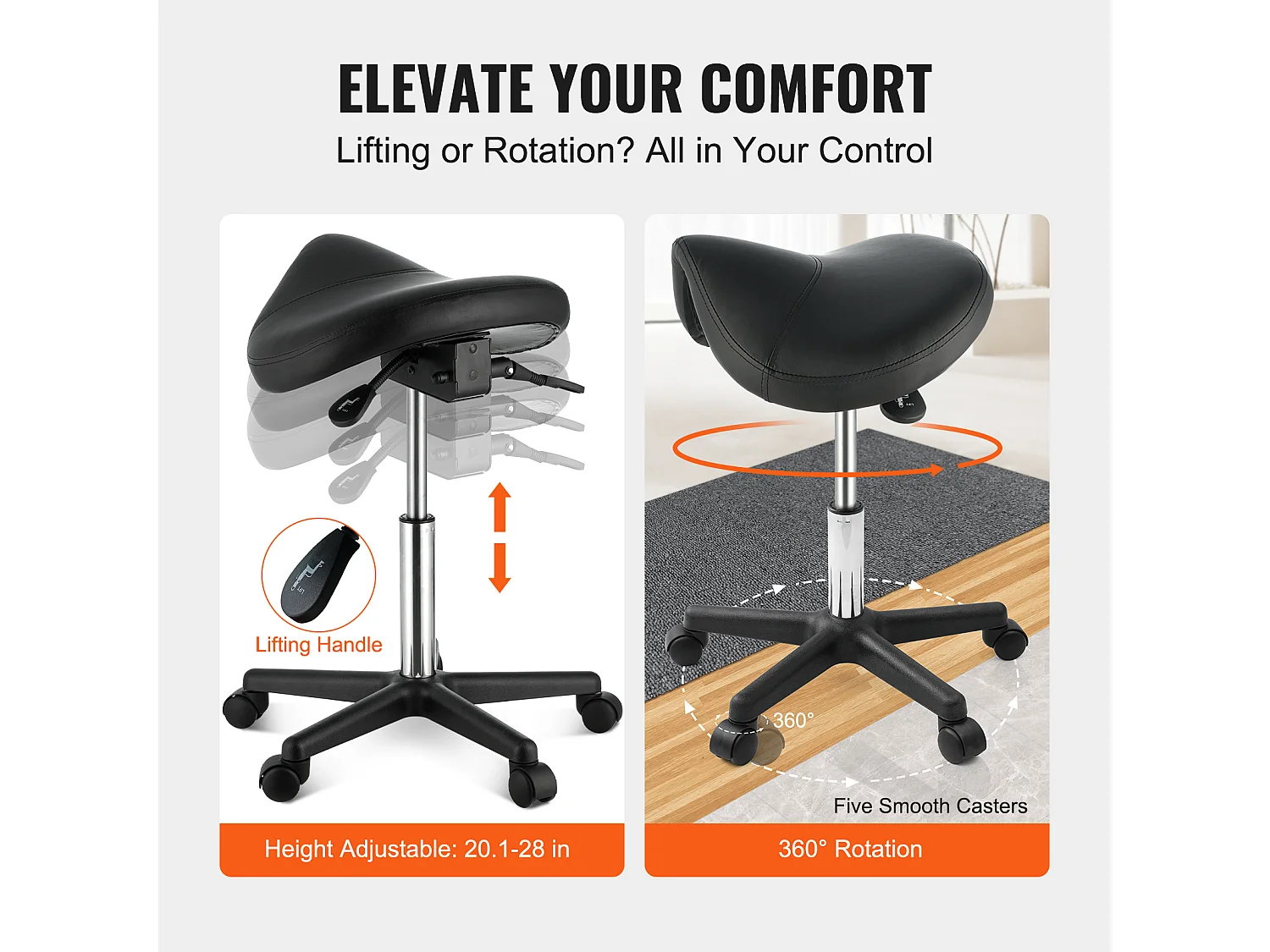 Tabouret de Bureau SucceBuy Tabouret de Selle, Chaise Roulante avec Roulettes, Cuir PU Épais