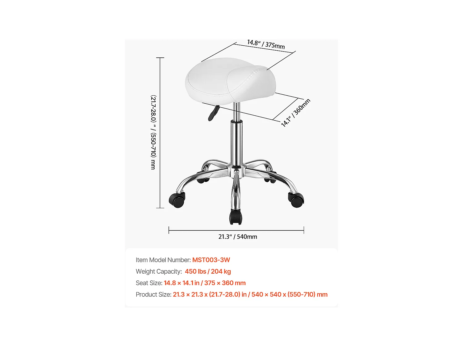 Bürostuhl SucceBuy Sattelstuhl mit Rollen aus PU-Leder höhenverstellbar Weiß