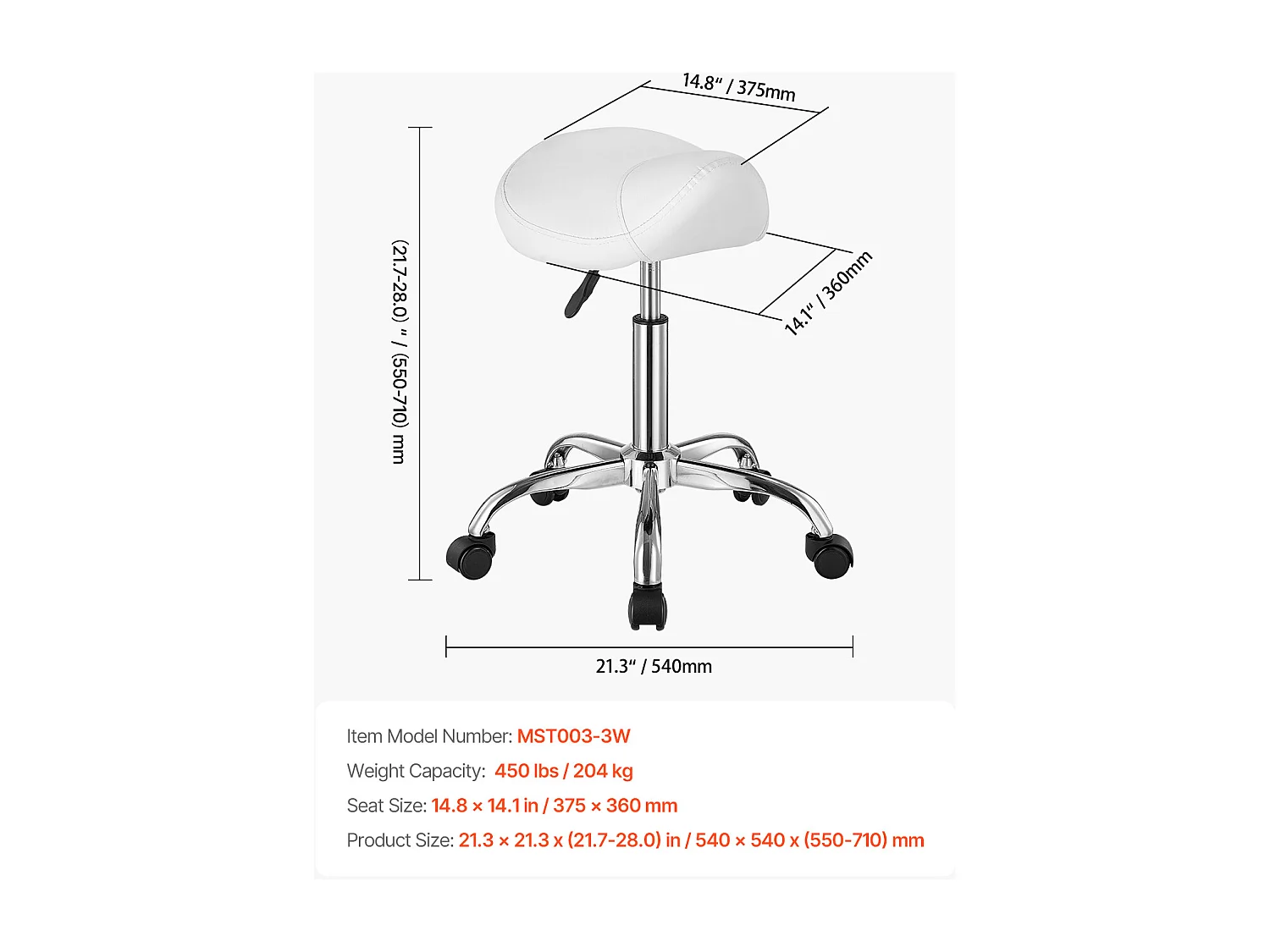 Tabouret de Bureau SucceBuy Tabouret de Selle à Roulettes en Cuir PU Réglable en Hauteur Blanc