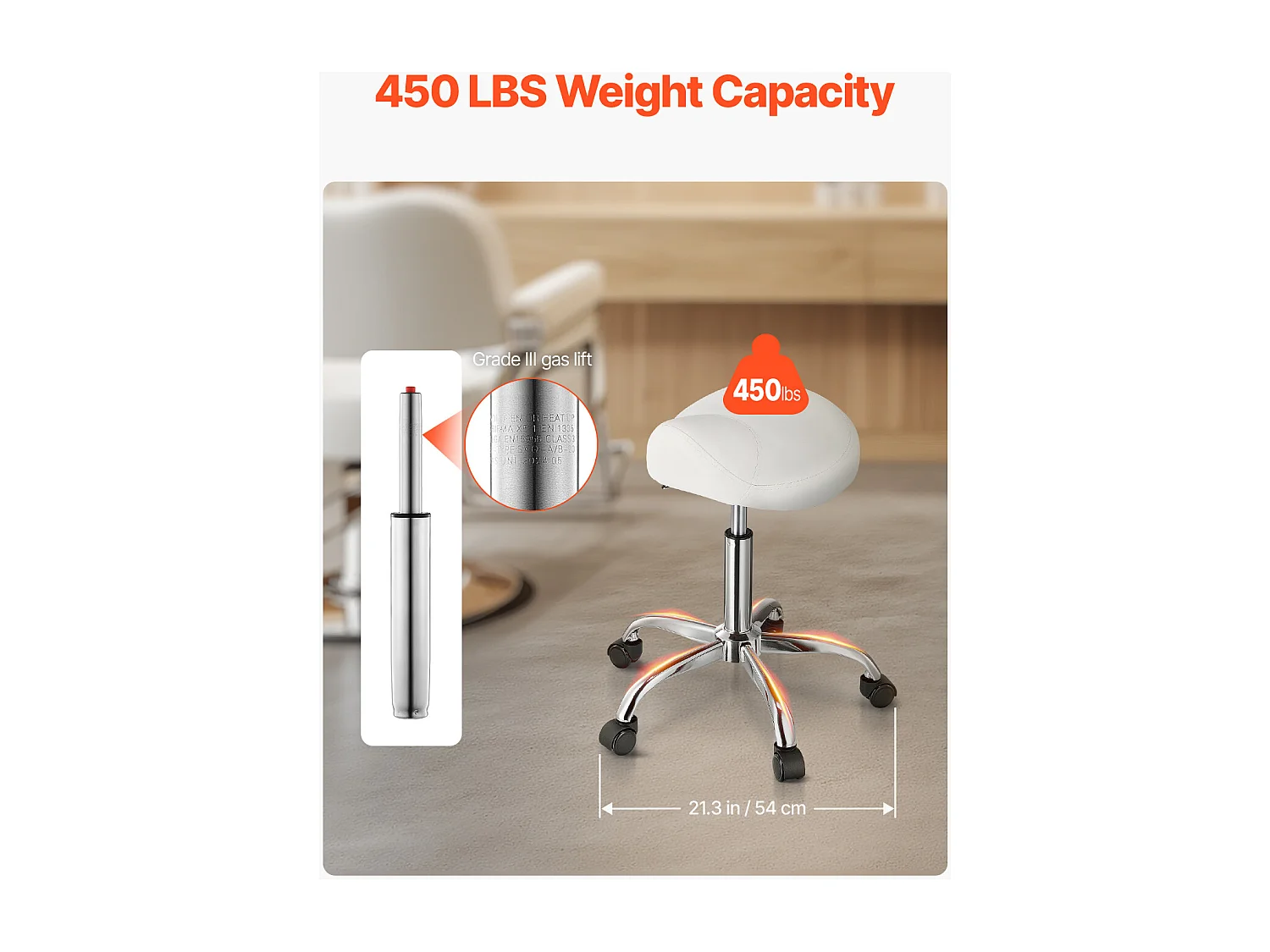 Tabouret de Bureau SucceBuy Tabouret de Selle à Roulettes en Cuir PU Réglable en Hauteur Blanc