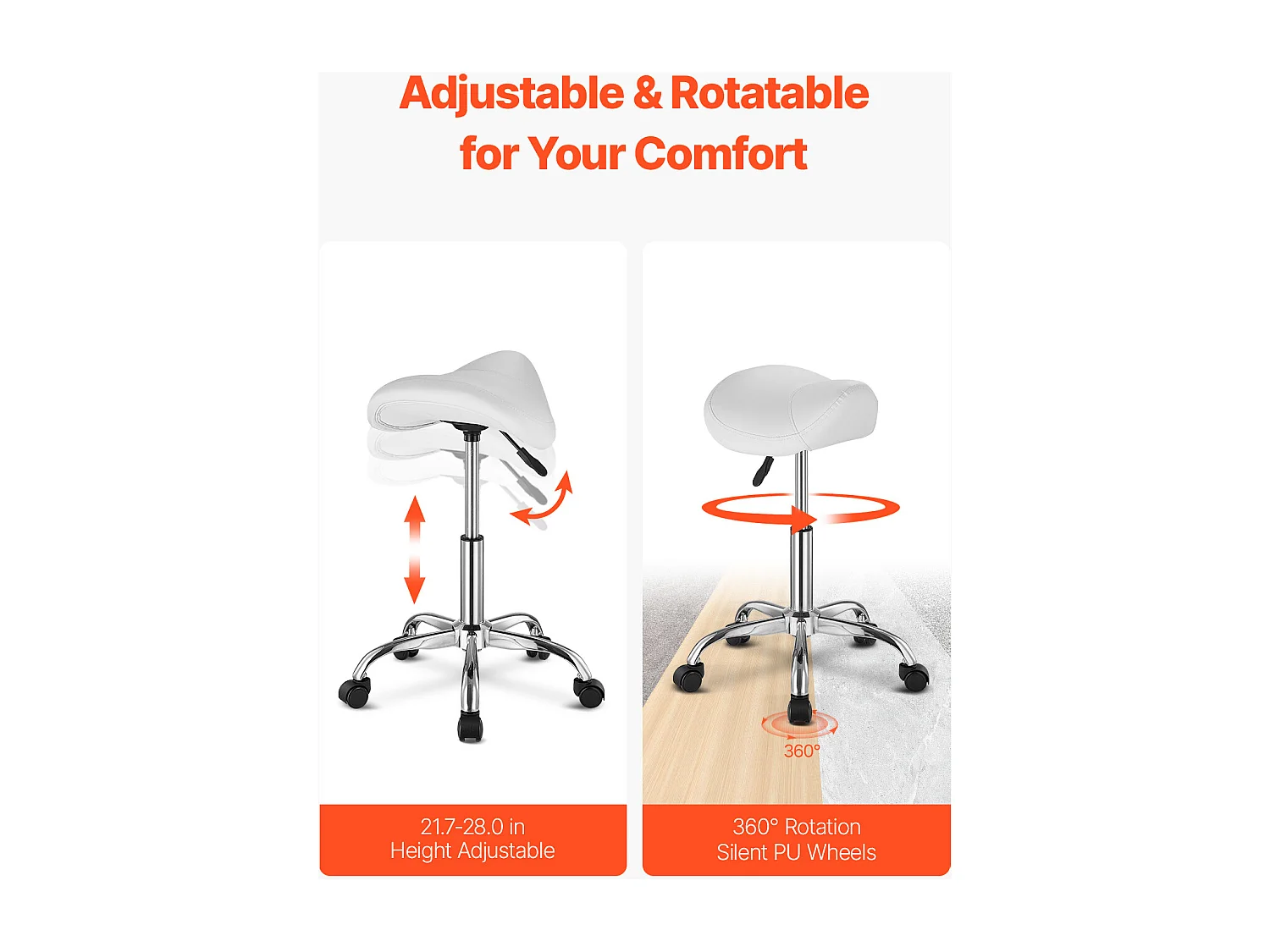 Tabouret de Bureau SucceBuy Tabouret de Selle à Roulettes en Cuir PU Réglable en Hauteur Blanc