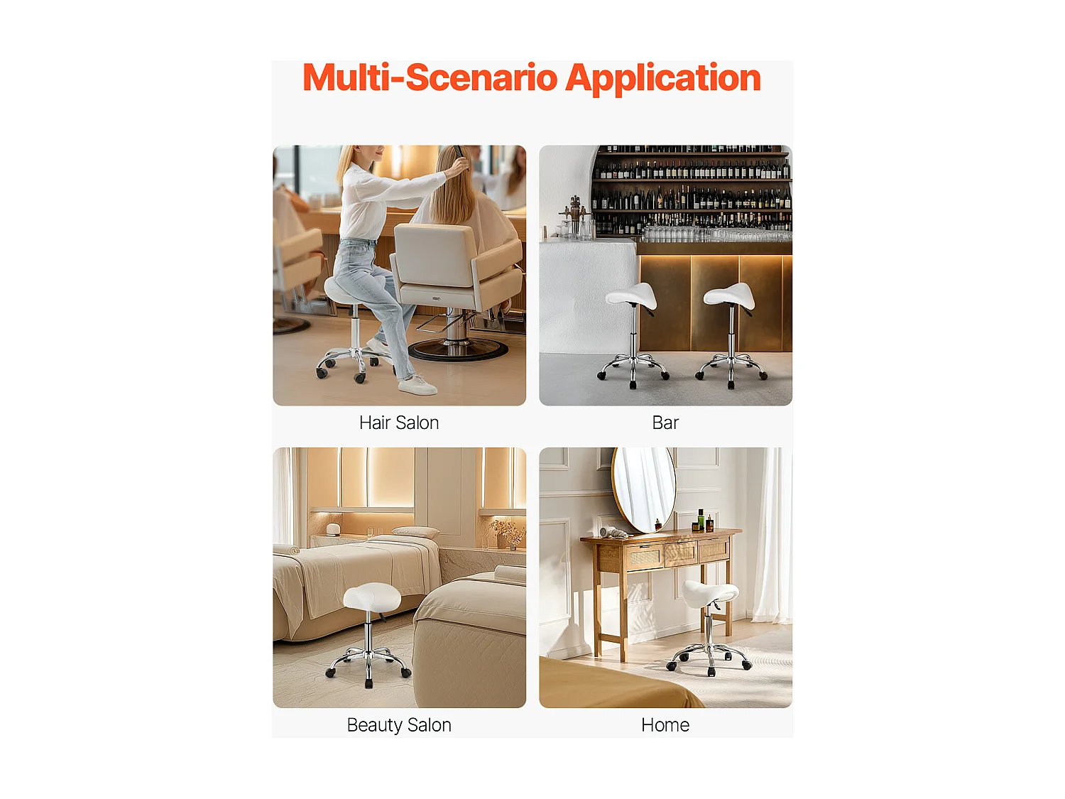 Tabouret de Bureau SucceBuy Tabouret de Selle à Roulettes en Cuir PU Réglable en Hauteur Blanc