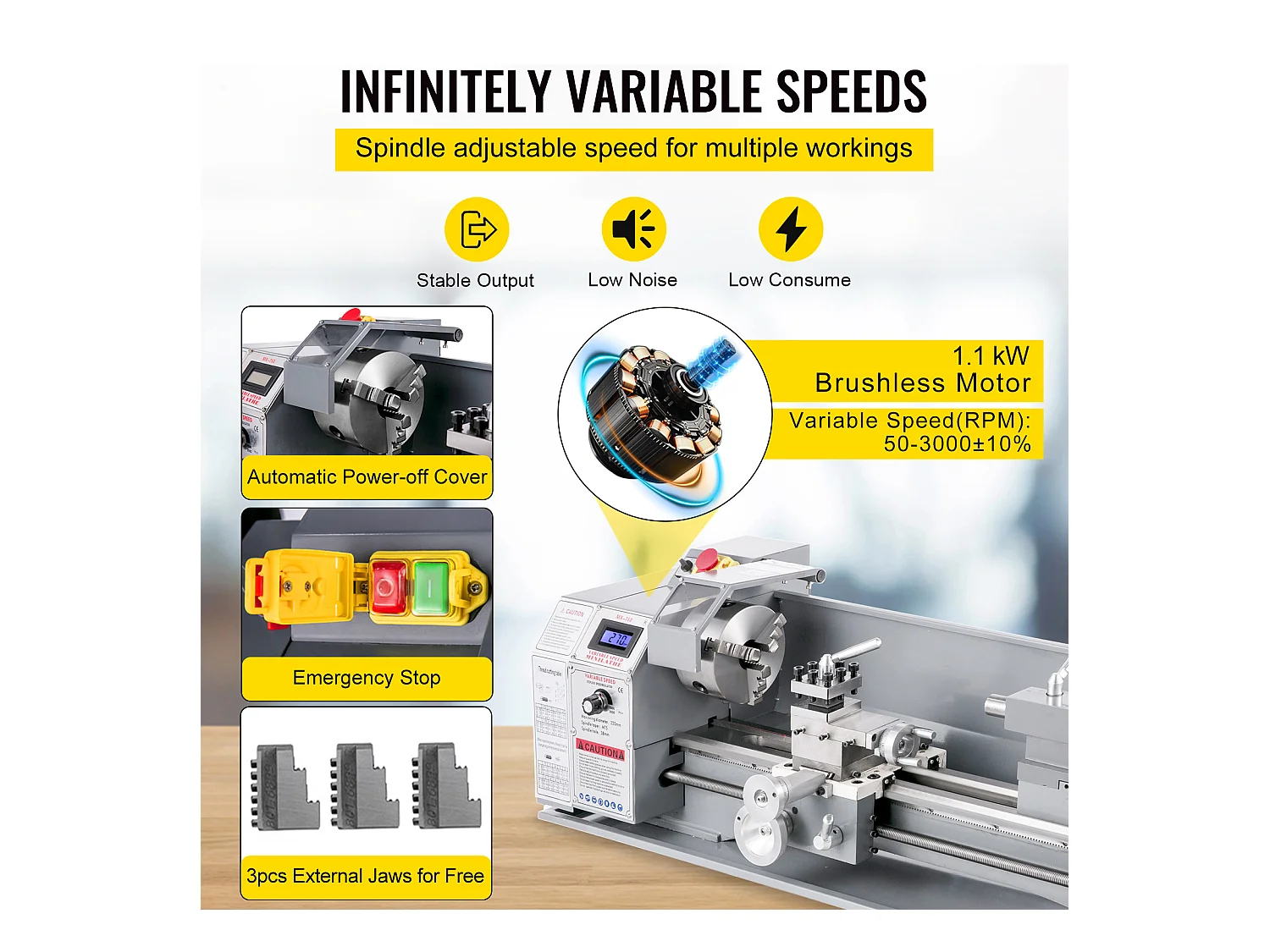 Metaaldraaibank, SucceBuy Mini Tafelmodel Metaaldraaibank 22 x 75 CM 1100W voor het Draaien van Metalen Tandwielen met een Snelheid van 2250 tpm