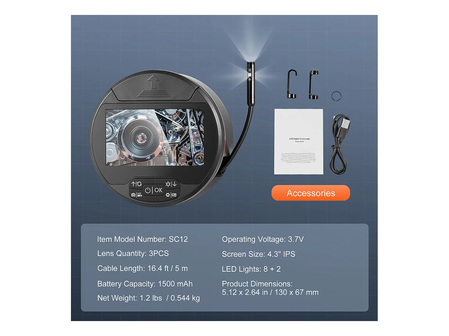 Borescope Dreifachobjektiv-Endoskopkamera SucceBuy mit 11cm-IPS-Bildschirm 8 + 2 Lichter