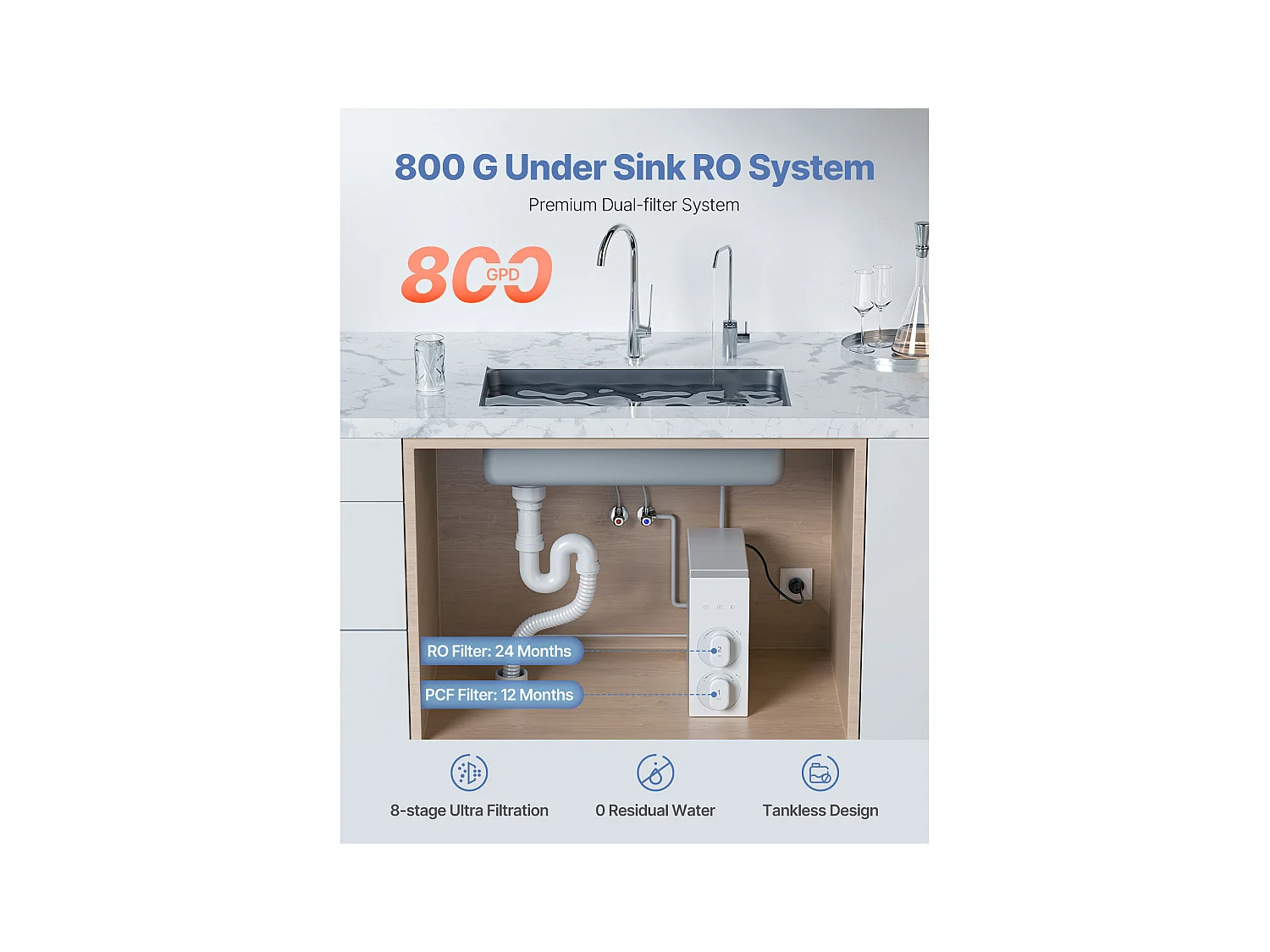 Filtre à Eau Sous Évier à Osmose Inverse Sans Réservoir SucceBuy 800 GPD 8 Étapes