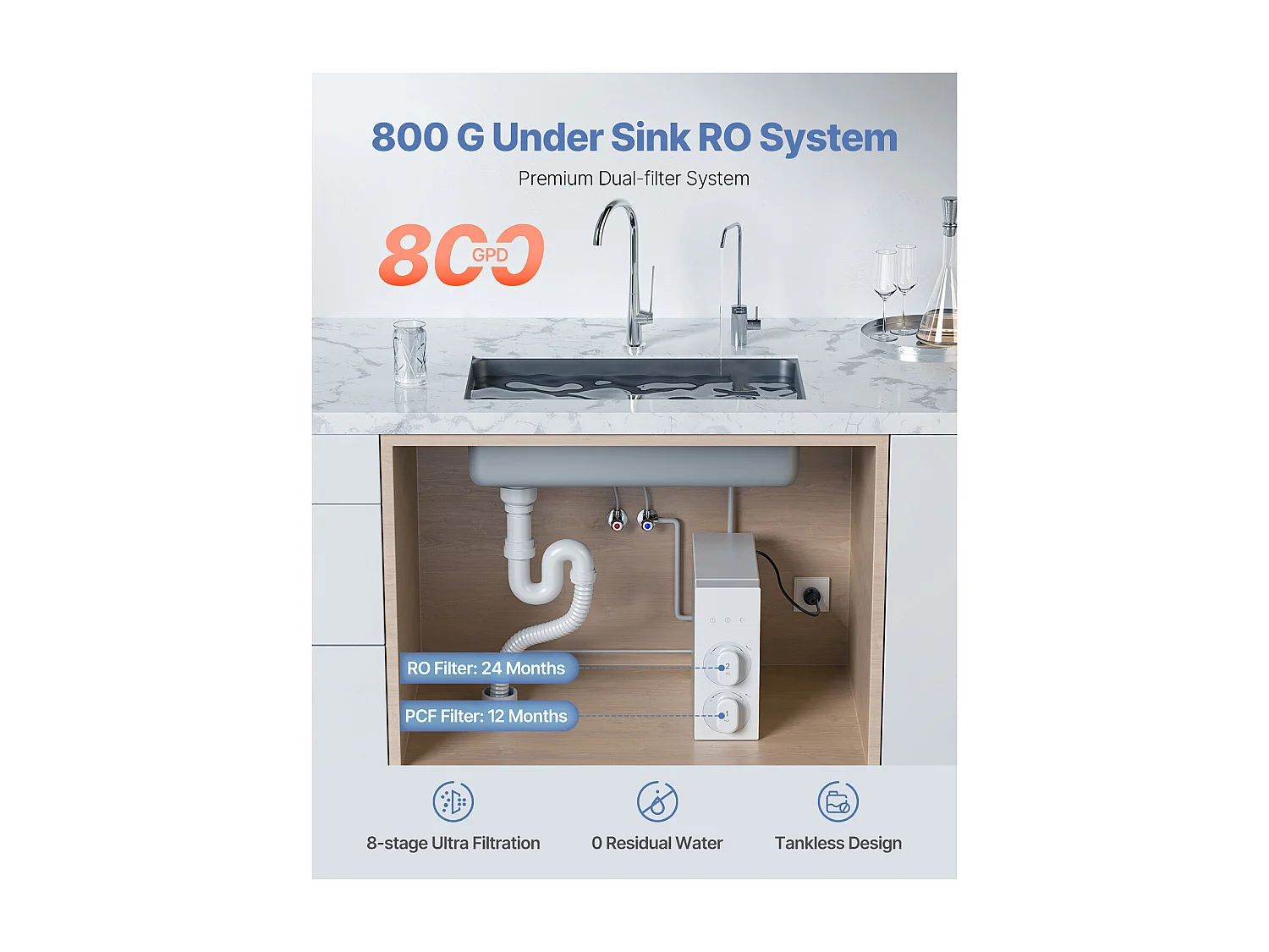 Filtre à Eau Sous Évier à Osmose Inverse Sans Réservoir SucceBuy 800 GPD 8 Étapes