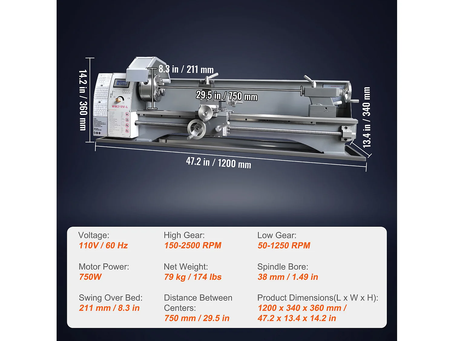 Torno para Metal, Torno para Metal SucceBuy 21 x 75 CM 50-2500 rpm Potencia Variable Continua