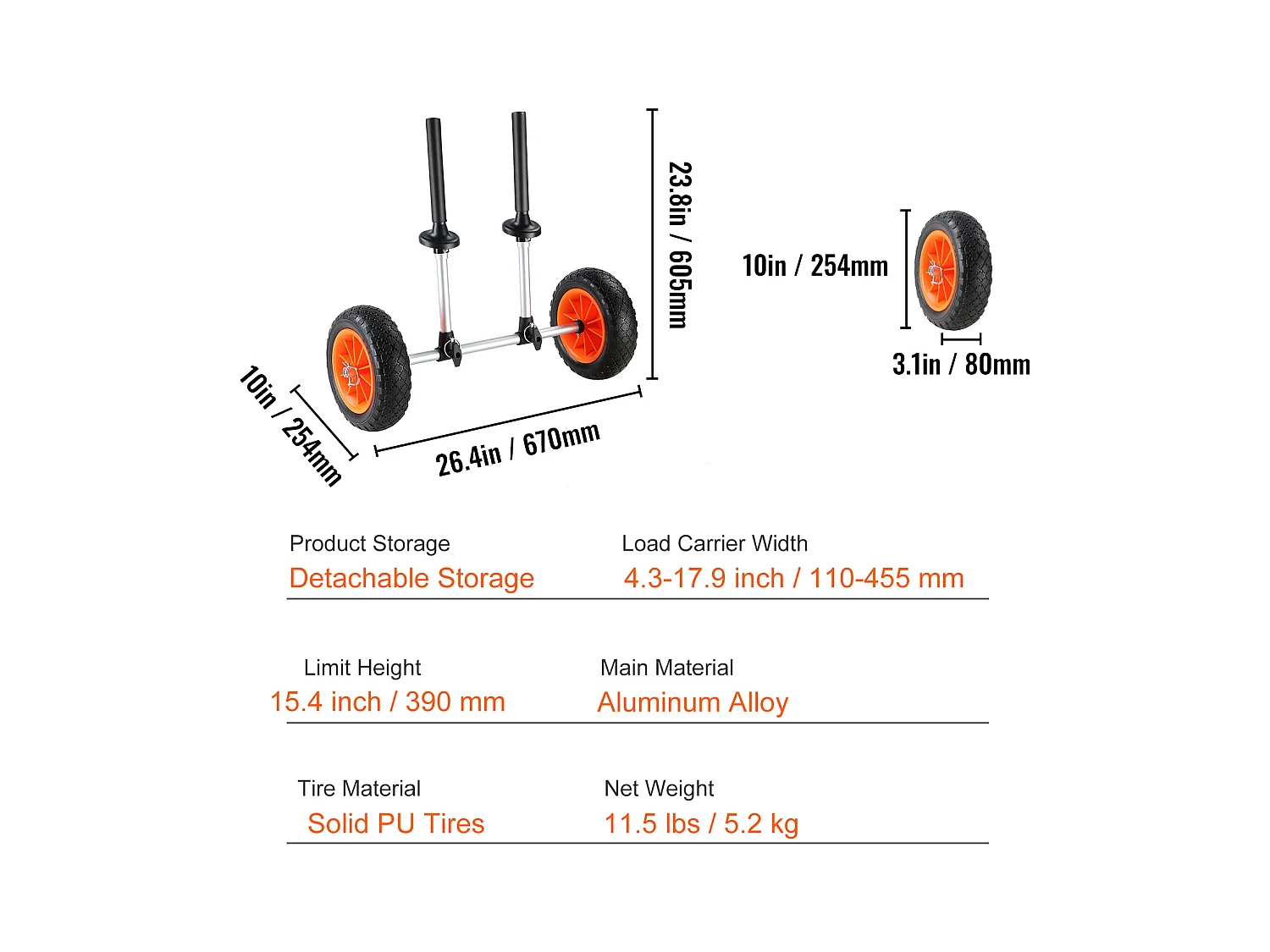 Chariot à Outils, SucceBuy Chariot de Kayak Réglable, Capacité de 127 kg, Porte-Canoë, Pneus de 25 cm