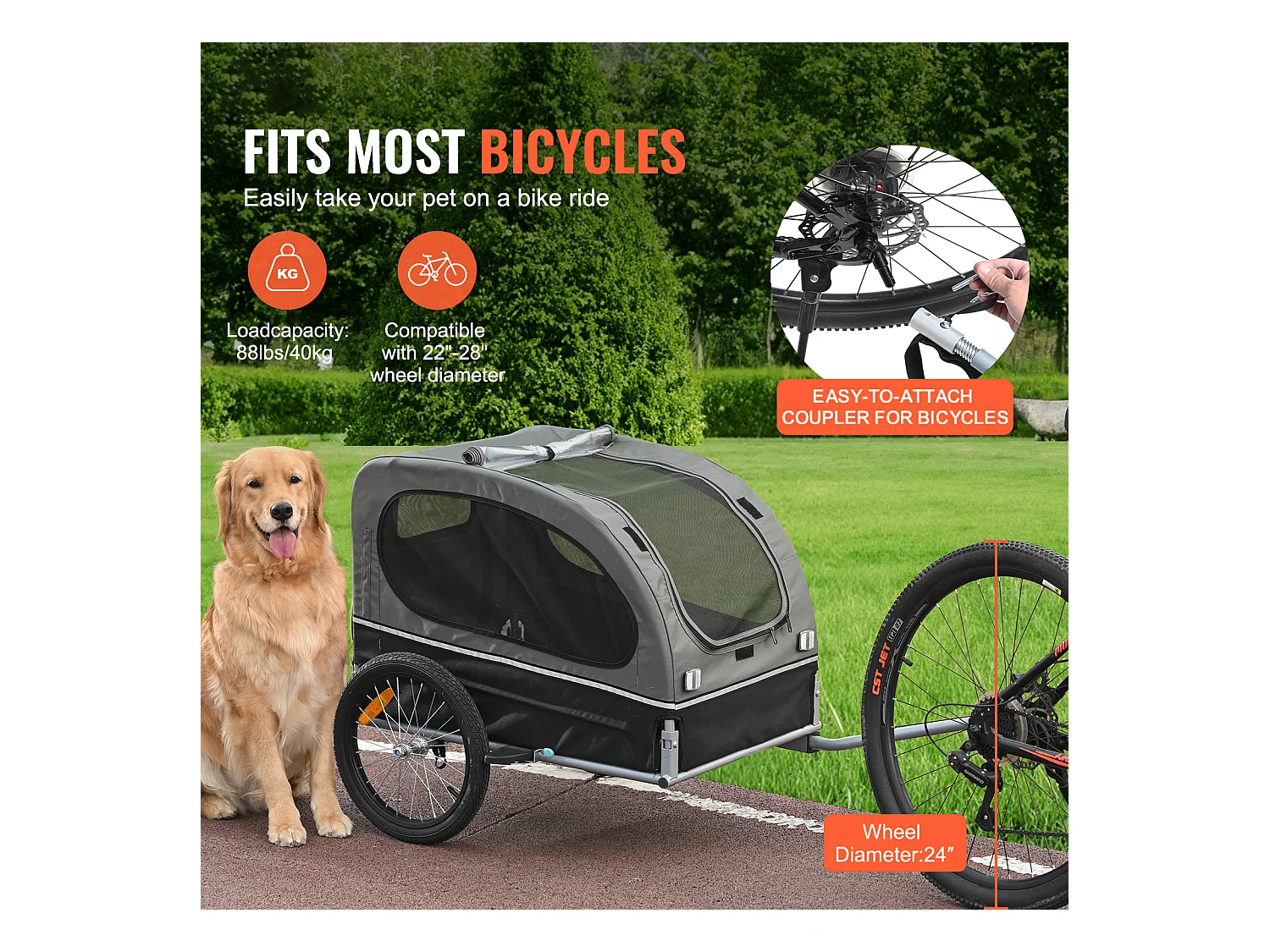 Remorque 2in1 de Vélo, SucceBuy Remorque pour Vélo pour Animaux de Compagnie, Porte-vélo pour Chien et Chat, Charge de 40 KG, Acier Résistant à L'eau