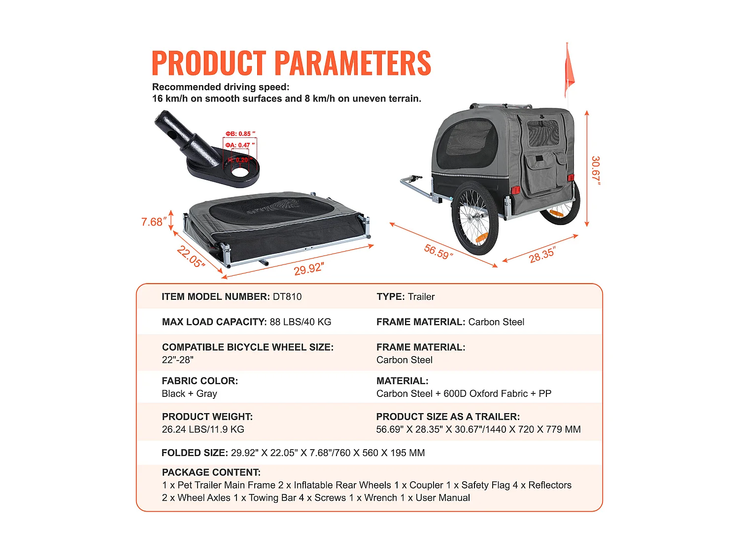 Remorque 2 in 1 de Vélo pour Animaux  de Compagnie Succebuy, Porte-vélo pour Chien et Chat, Charge de 40 KG, Acier Résistant à L'eau