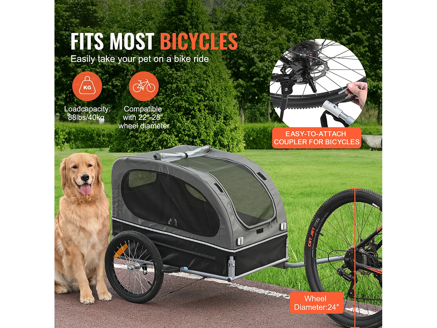 Remorque 2 in 1 de Vélo pour Animaux  de Compagnie Succebuy, Porte-vélo pour Chien et Chat, Charge de 40 KG, Acier Résistant à L'eau