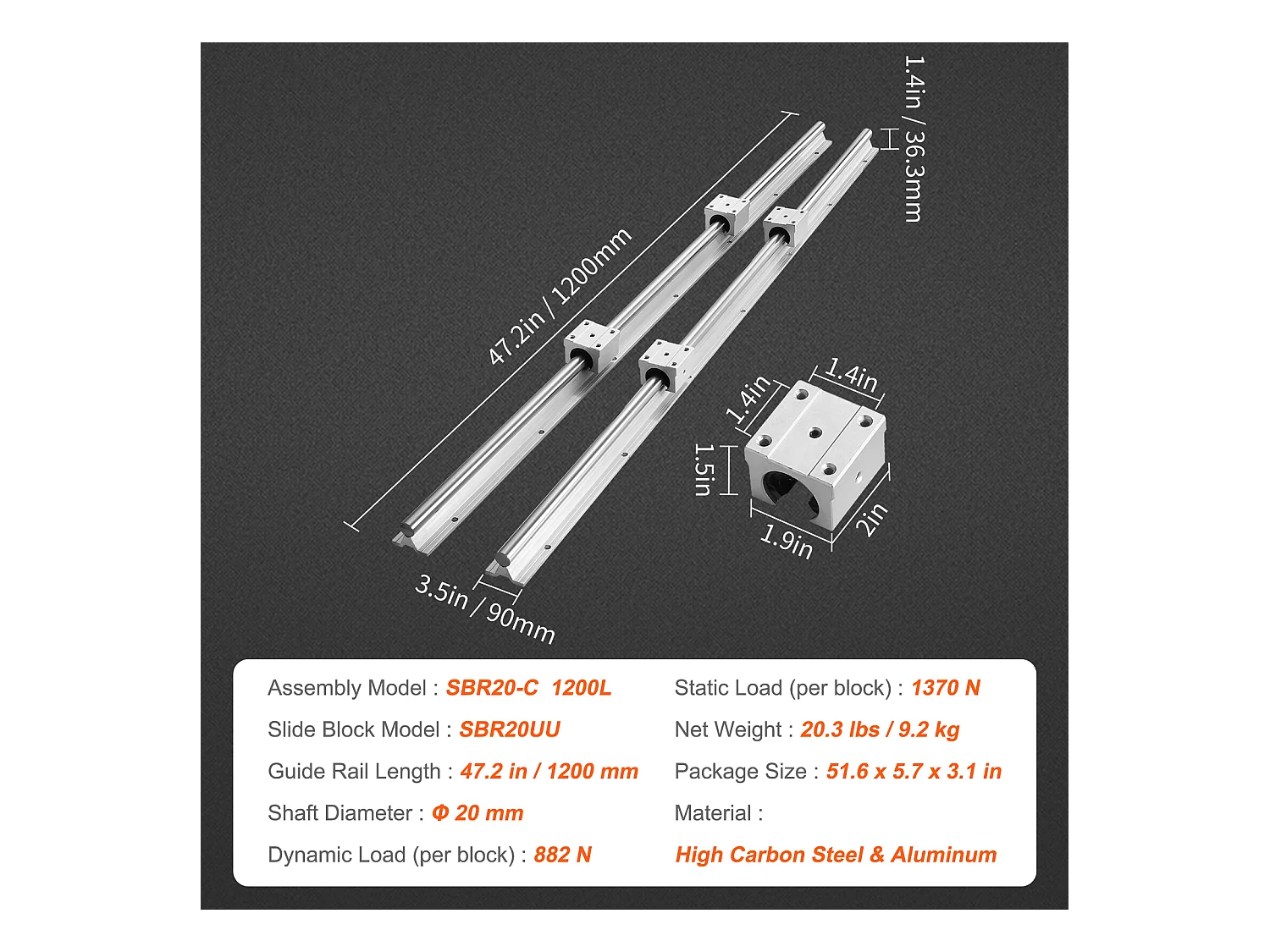 Riel de Guiado Lineal SucceBuy, 2 Piezas SBR20 120 cm, Riel Deslizante 4 Piezas SBR20UU