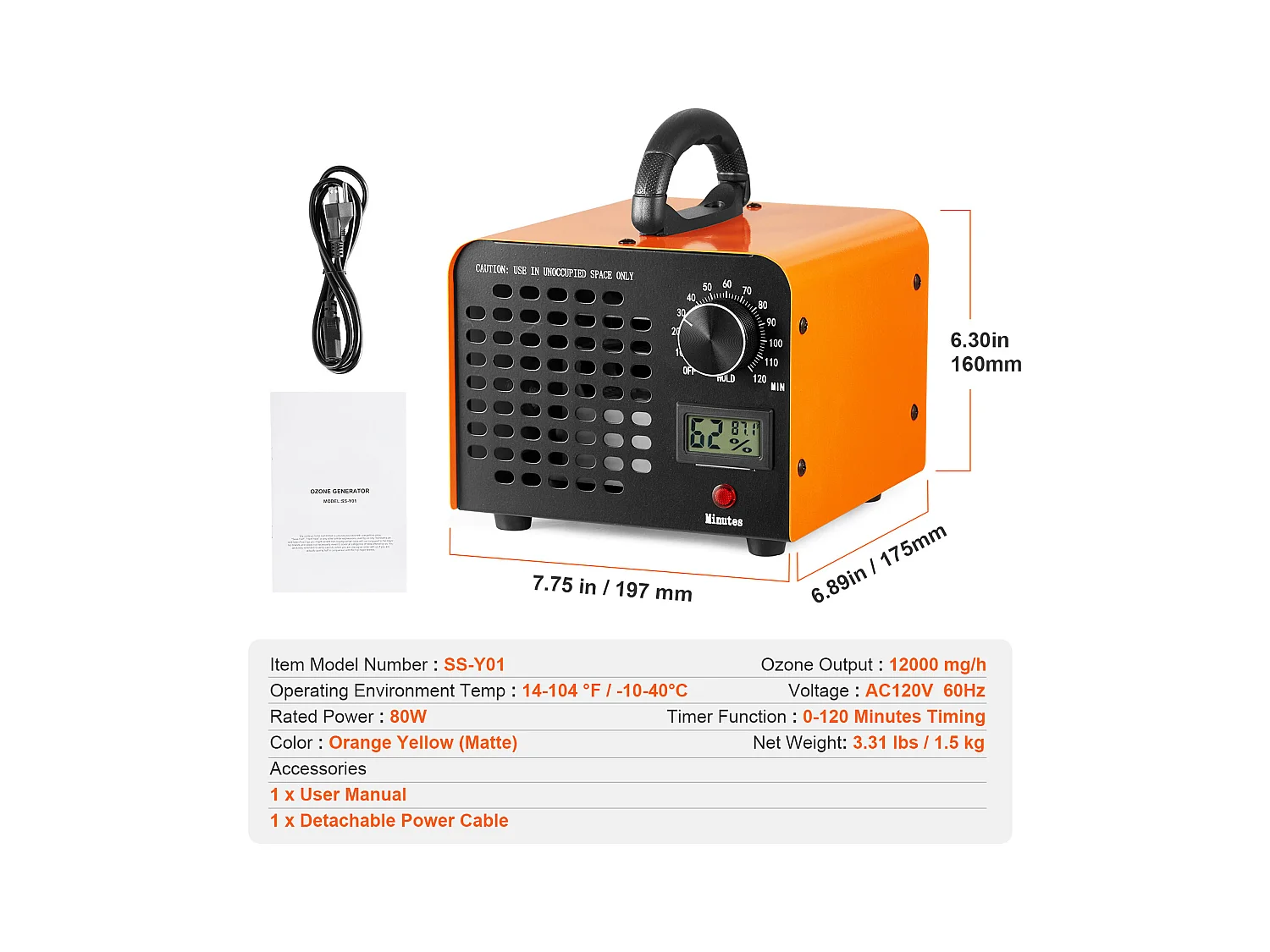 Générateur d'Ozone SucceBuy 12000 mg/h, Éliminateur d'Odeurs avec Minuterie de 0 à 120 Minutes