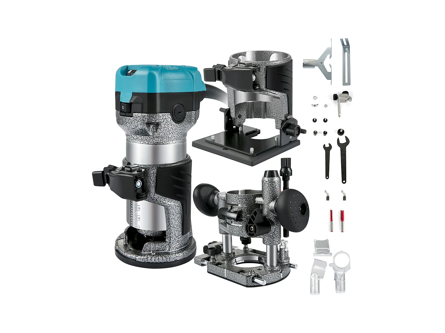 Trimmer Électrique SucceBuy 710W Routeur à Bois Avec 3 Pinces de Serrage, Base Fixe, Plongeante et Inclinable, Coque en Aluminium, 13000-33000 r/min
