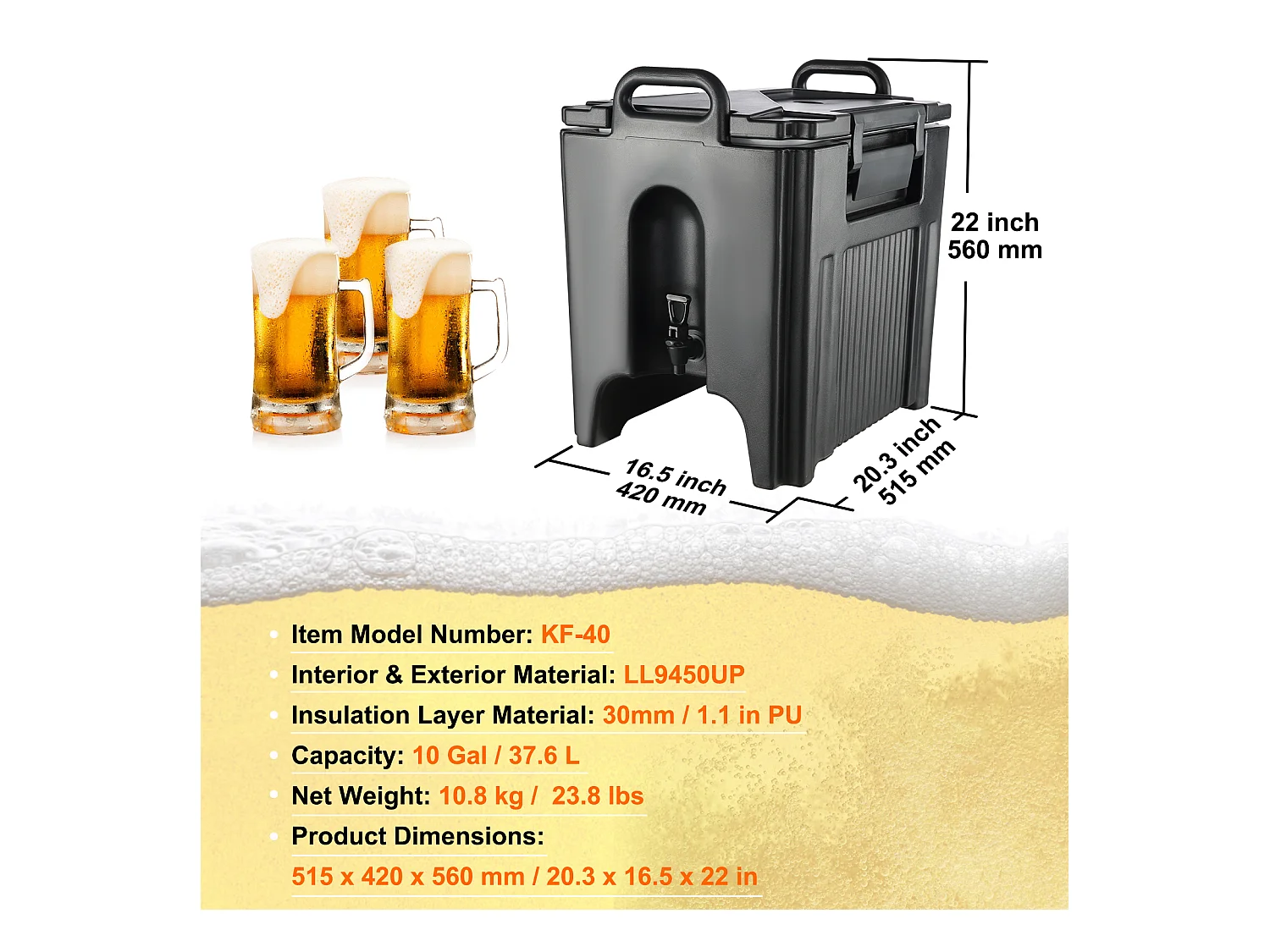 Distributore di Bevande, SucceBuy Distributore di Bevande Isolato per Alimenti da 38 L