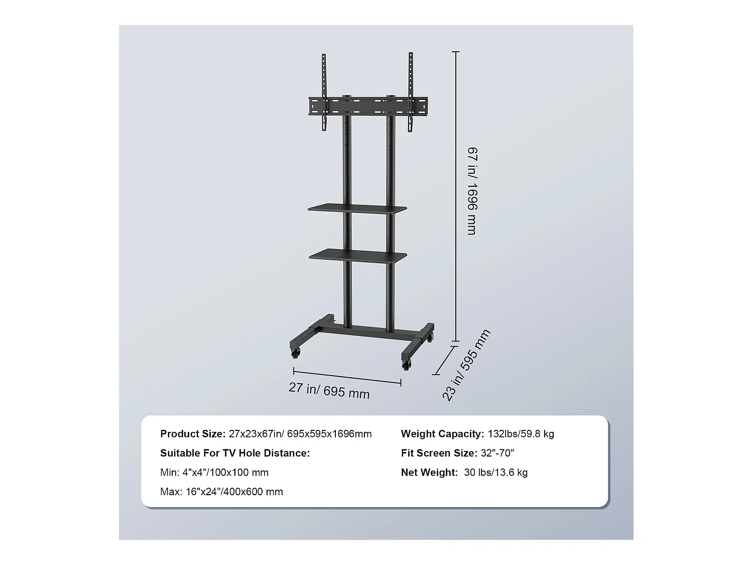 Support TV SucceBuy Support TV Mobile pour Téléviseurs de 81 à 178 CM, Support Roulant avec Roulettes et Plateau