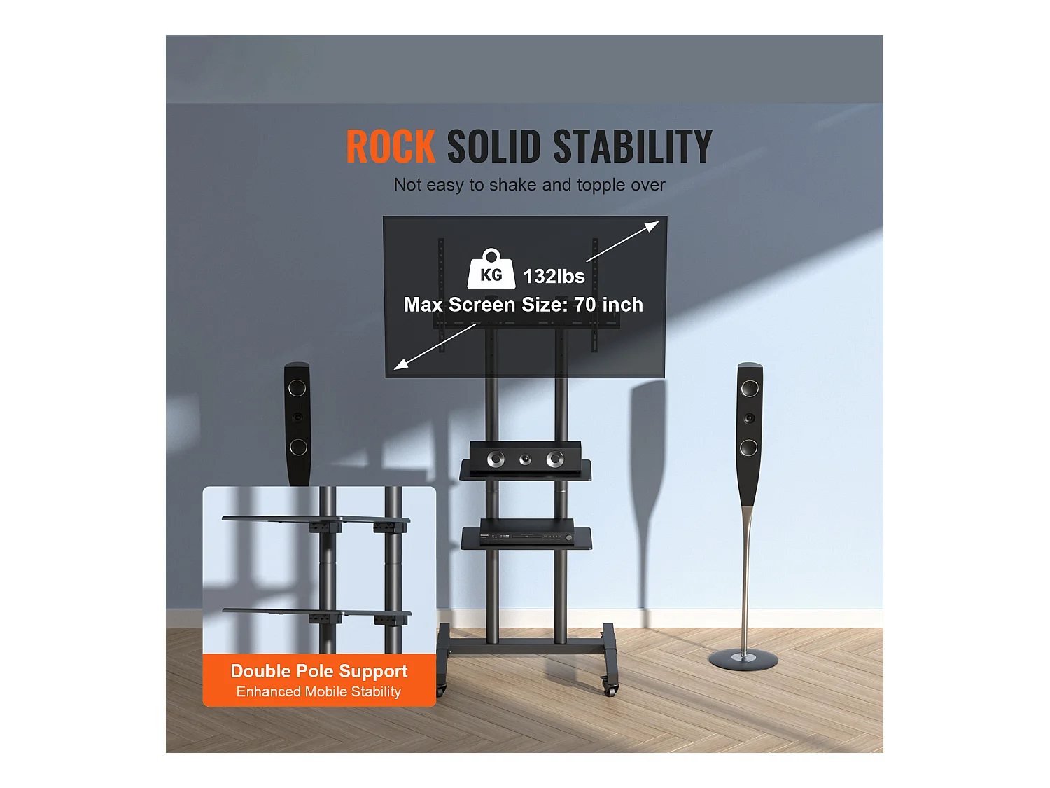 Support TV SucceBuy Support TV Mobile pour Téléviseurs de 81 à 178 CM, Support Roulant avec Roulettes et Plateau