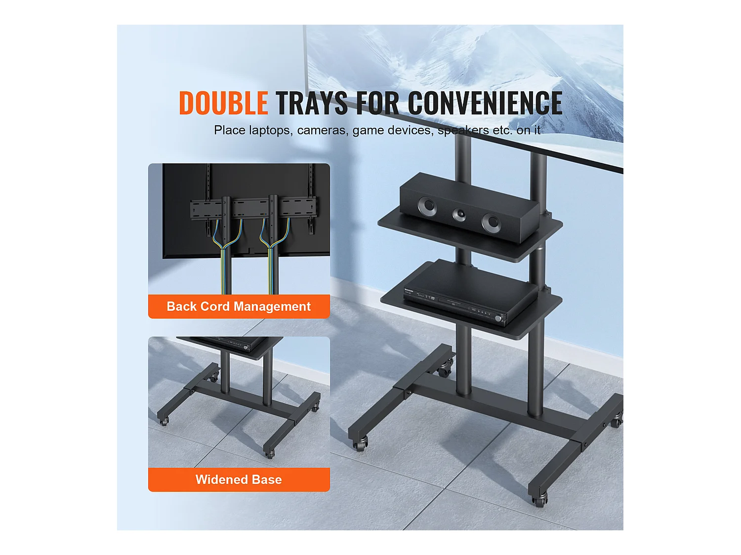 Support TV SucceBuy Support TV Mobile pour Téléviseurs de 81 à 178 CM, Support Roulant avec Roulettes et Plateau