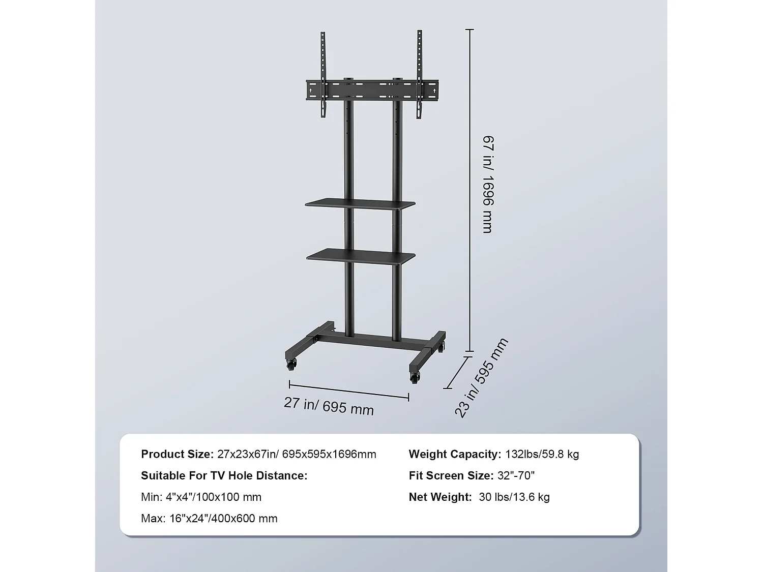 Support TV SucceBuy Support TV Mobile pour Téléviseurs de 81 à 178 CM, Support Roulant avec Roulettes et Plateau