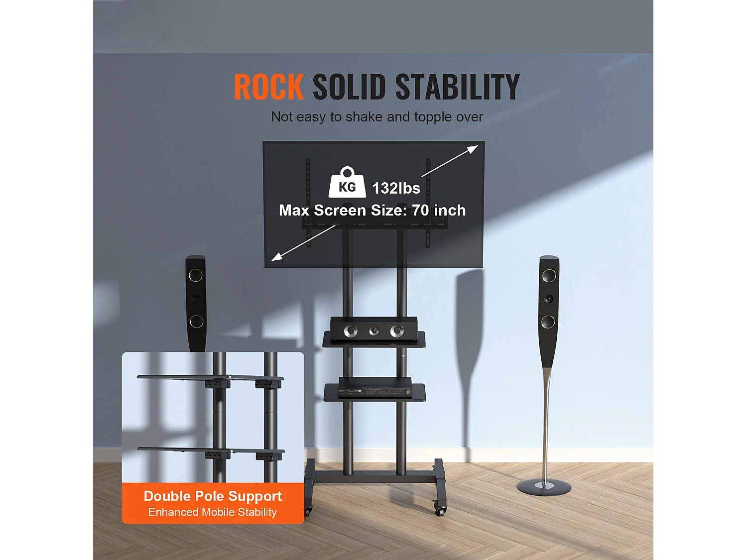 Support TV SucceBuy Support TV Mobile pour Téléviseurs de 81 à 178 CM, Support Roulant avec Roulettes et Plateau