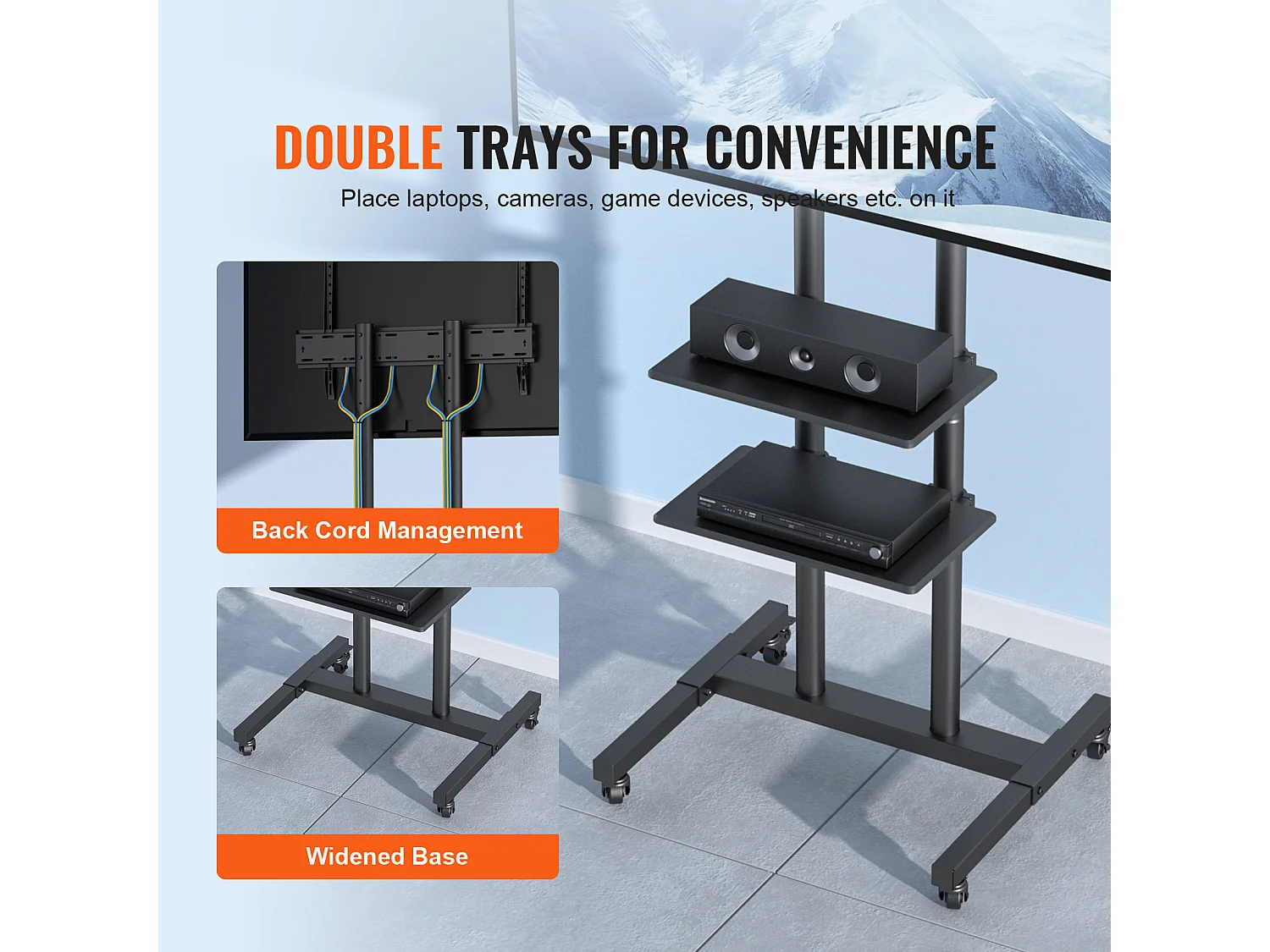 Support TV SucceBuy Support TV Mobile pour Téléviseurs de 81 à 178 CM, Support Roulant avec Roulettes et Plateau