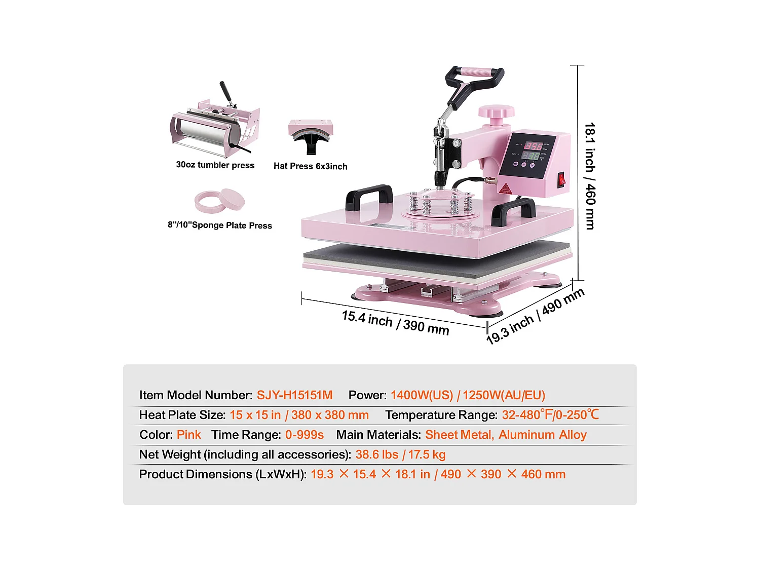 Presse à Chaud 5 en 1 SucceBuy avec Presse à Culbuteur de 850,5 g pour T-Shirts 38,1 x 38,1 cm