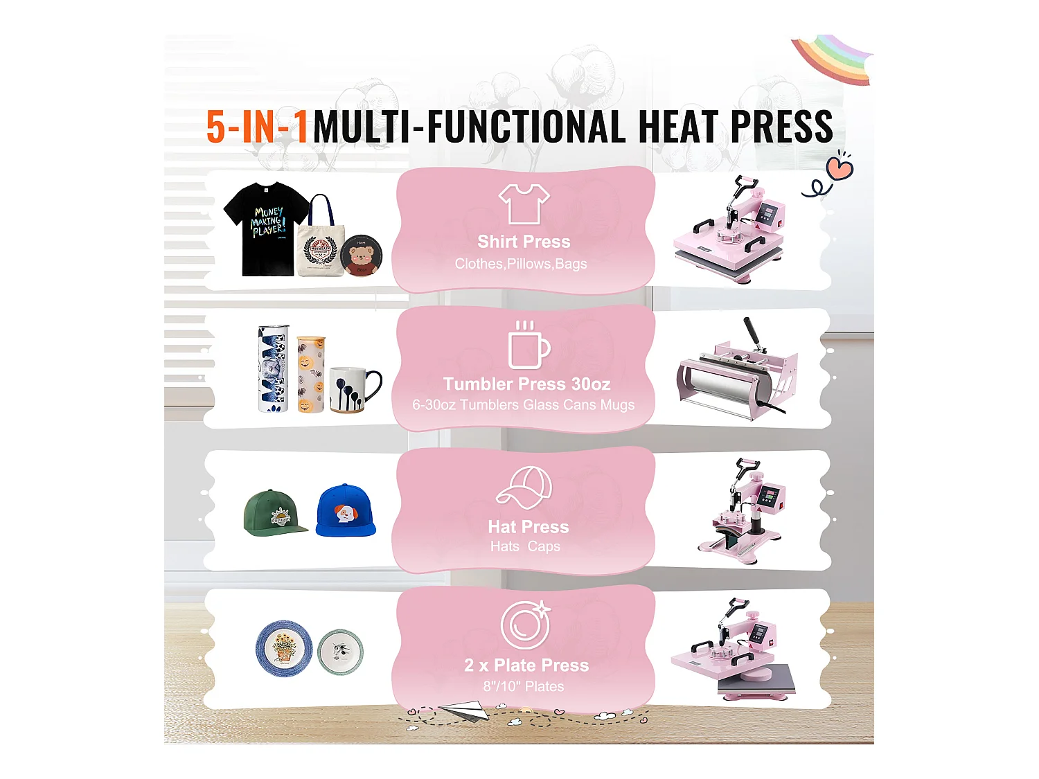 Presse à Chaud 5 en 1 SucceBuy avec Presse à Culbuteur de 850,5 g pour T-Shirts 38,1 x 38,1 cm
