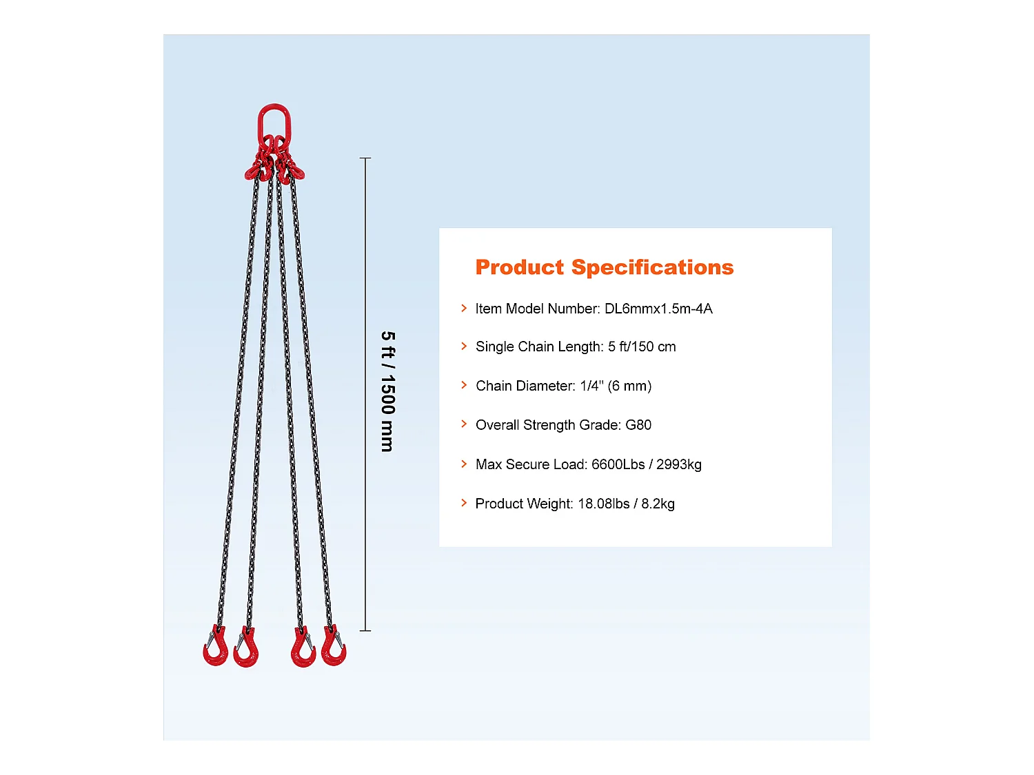 Chain Sling, 4 Gambe SucceBuy 0.64cm x 152.4cm, G80, con Ganci di Presa, 2994 kg