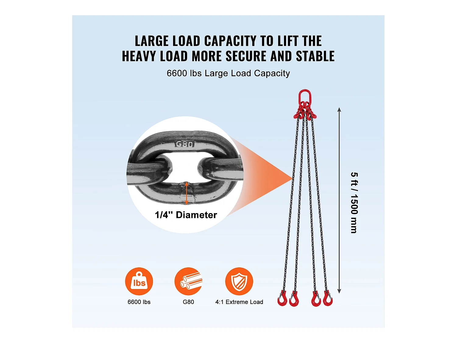 Chain Sling, 4 Gambe SucceBuy 0.64cm x 152.4cm, G80, con Ganci di Presa, 2994 kg