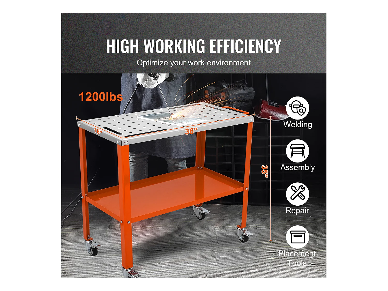 Table de Soudage en Acier SucceBuy 91,4 x 45,7 cm, Capacité de 544 kg, Établi Portable, pour Réparation Soudage Bricolage