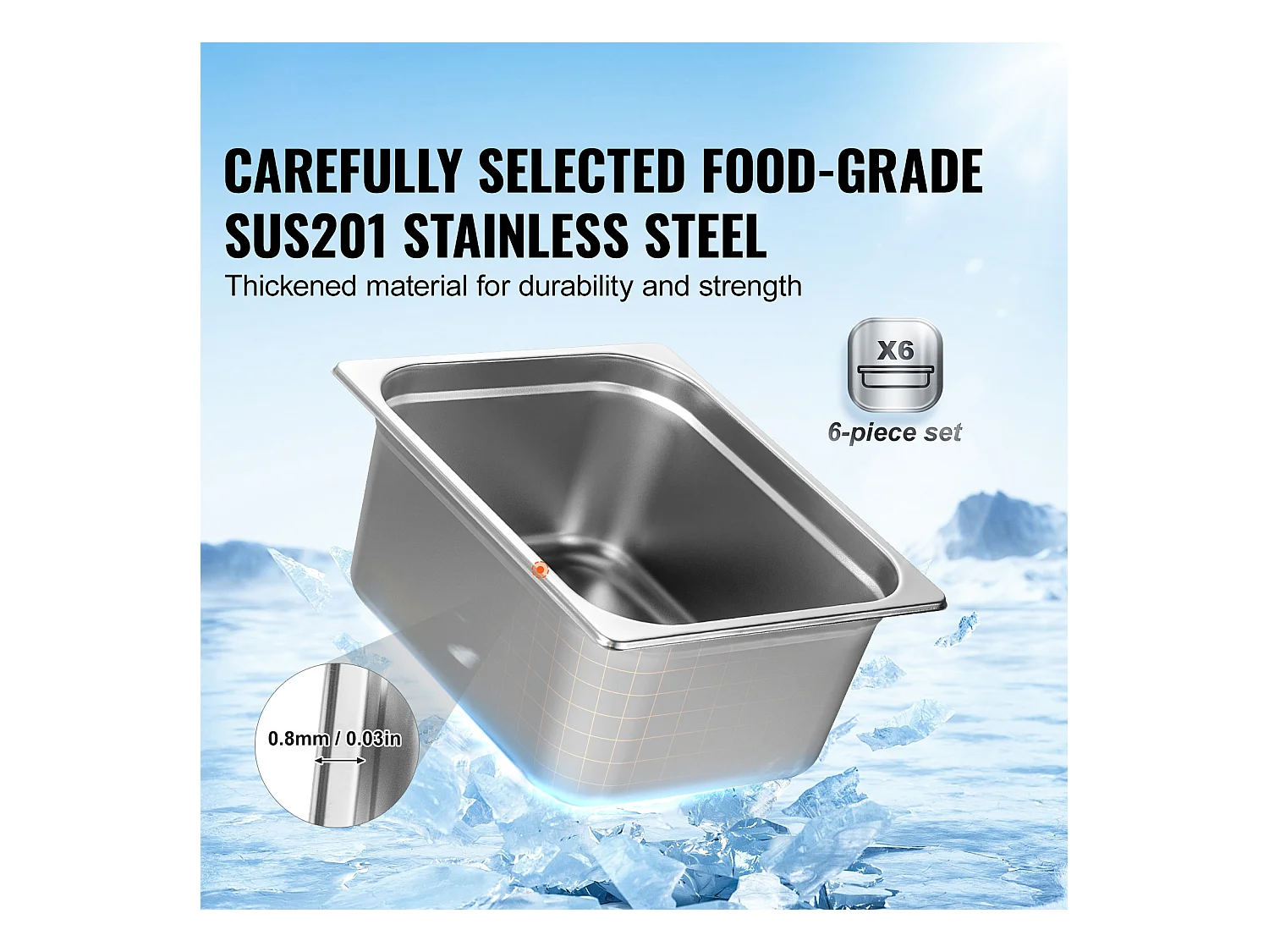 Flache Platte SucceBuy Set von 6 Hotelpfannen Standardgröße, Tiefe Edelstahlpfanne 15CM für Dampftisch