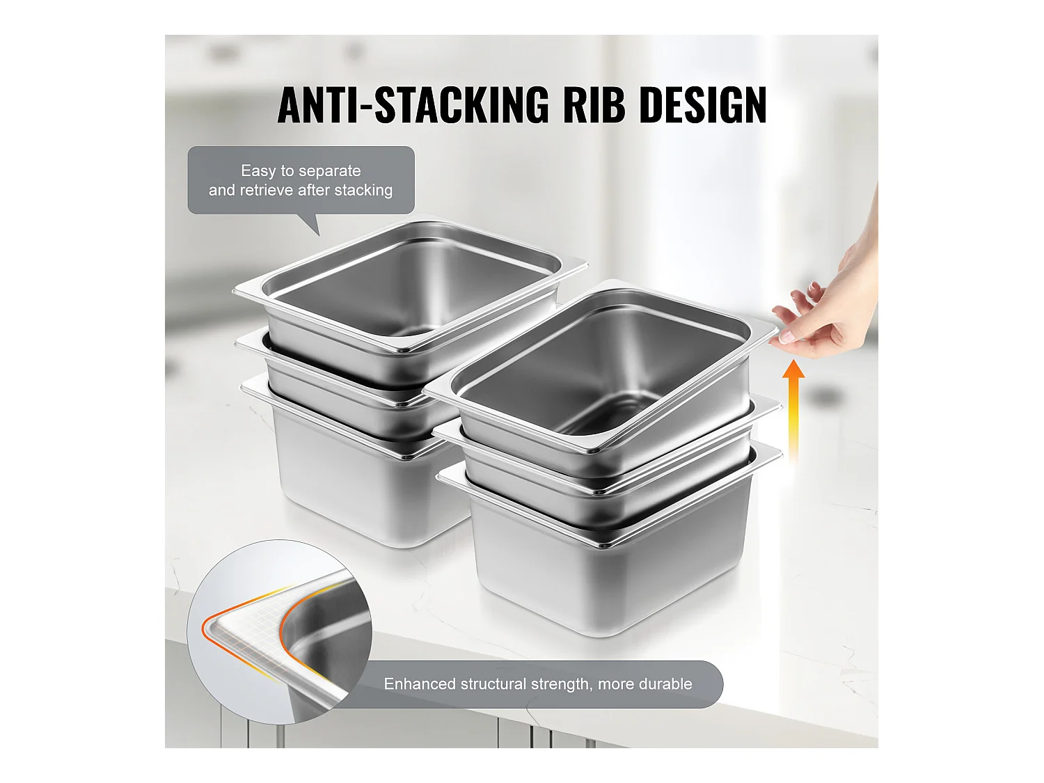 Flache Platte SucceBuy Set von 6 Hotelpfannen Standardgröße, Tiefe Edelstahlpfanne 15CM für Dampftisch