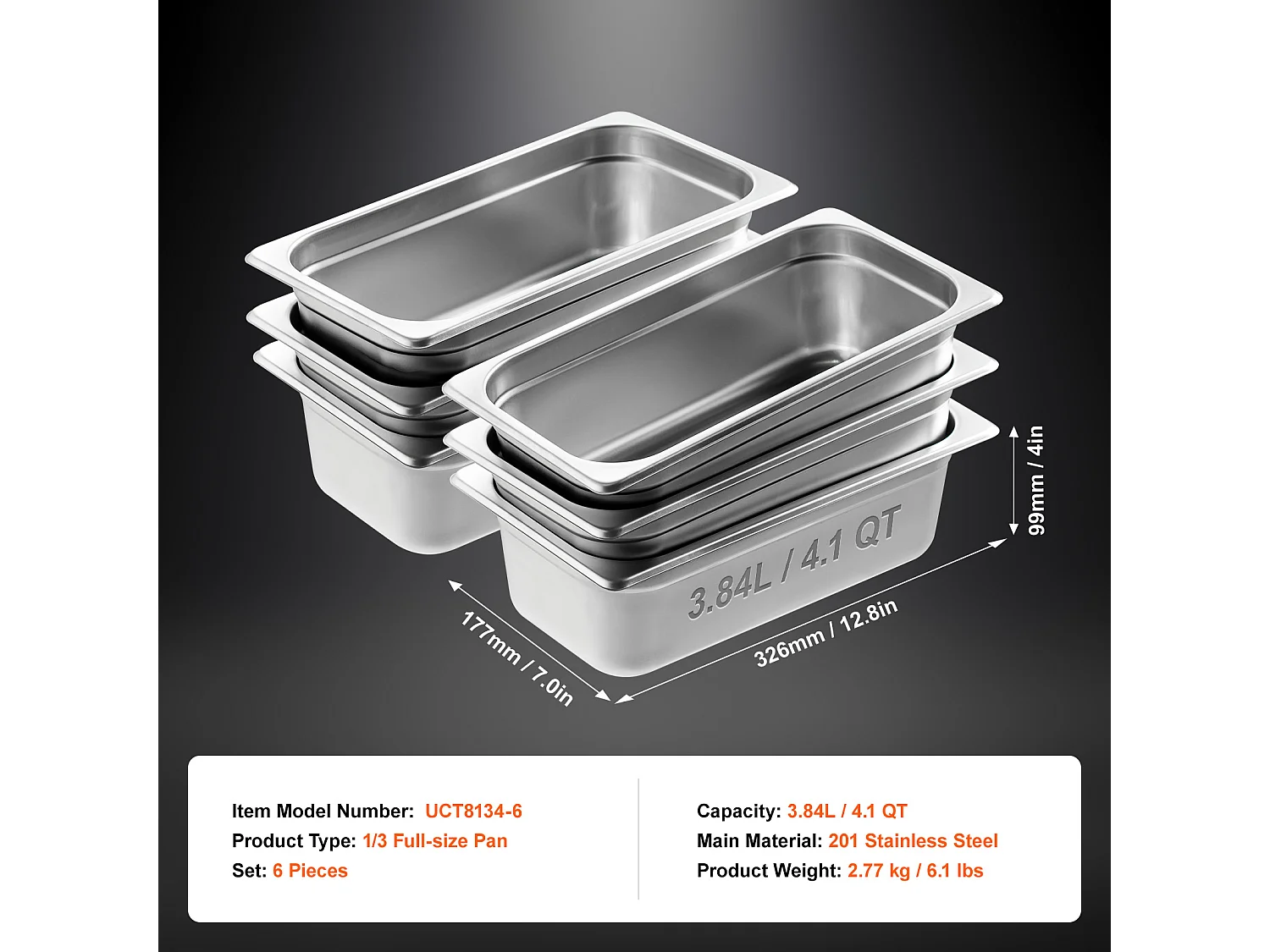 Flache Platte SucceBuy Set von 6 Hotelpfannen Größe 1/3, Tiefe Edelstahlpfanne 10.2CM für Dampftisch