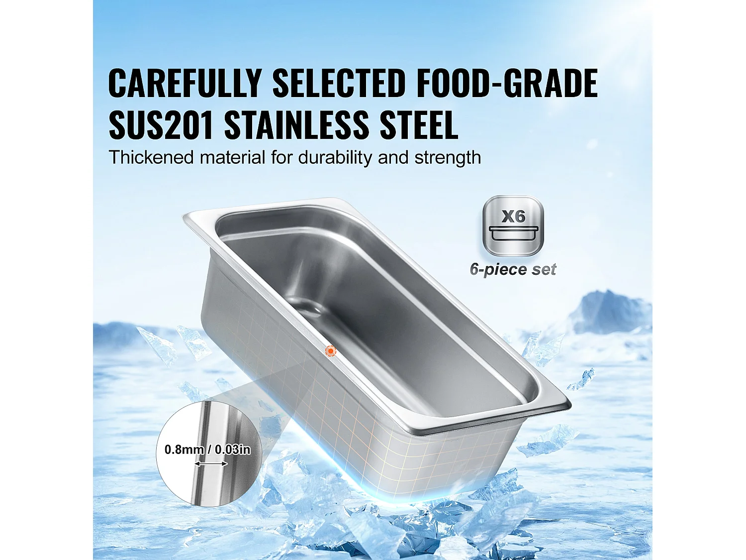 Flache Platte SucceBuy Set von 6 Hotelpfannen Größe 1/3, Tiefe Edelstahlpfanne 10.2CM für Dampftisch