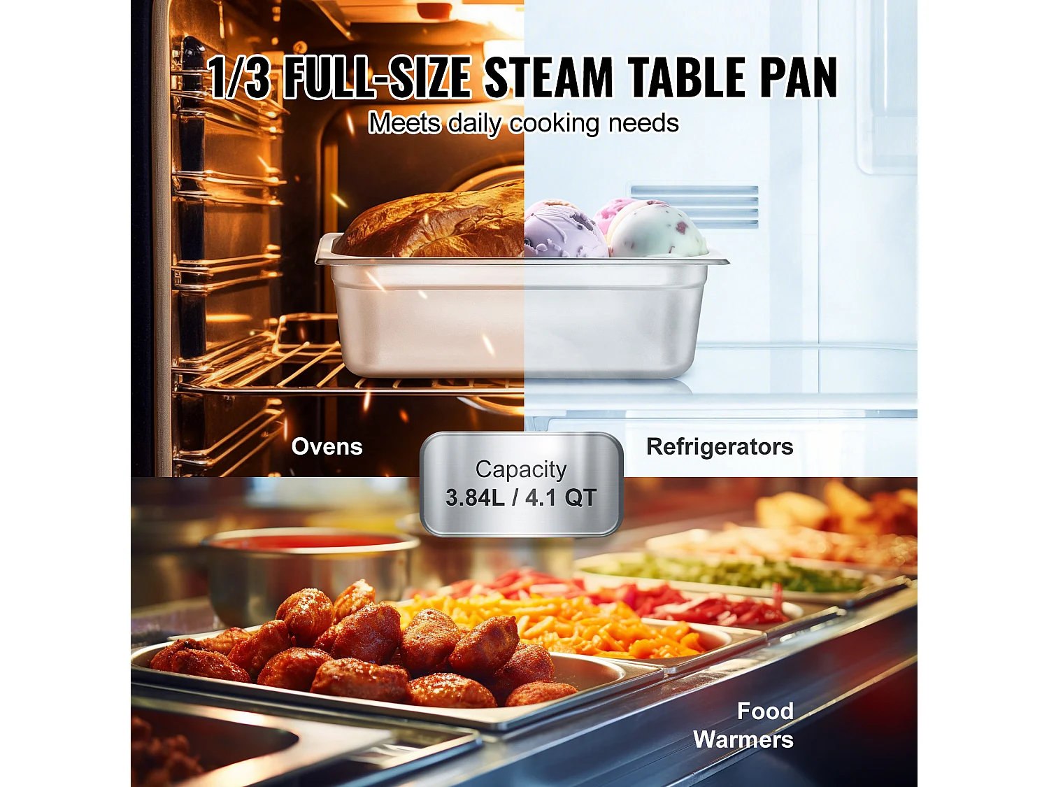 Flache Platte SucceBuy Set von 6 Hotelpfannen Größe 1/3, Tiefe Edelstahlpfanne 10.2CM für Dampftisch