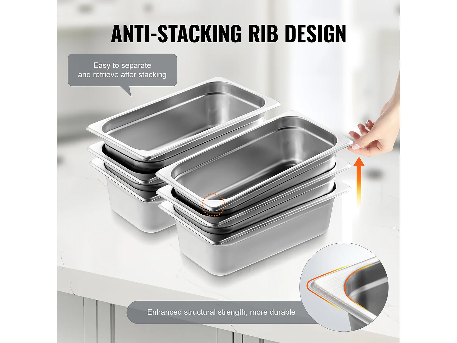 Flache Platte SucceBuy Set von 6 Hotelpfannen Größe 1/3, Tiefe Edelstahlpfanne 10.2CM für Dampftisch