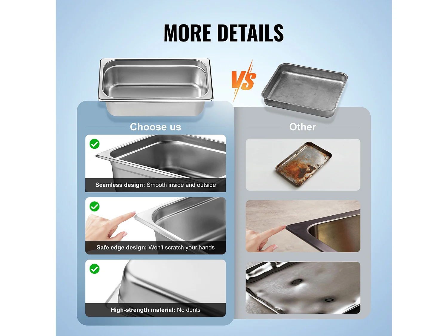 Flache Platte SucceBuy Set von 6 Hotelpfannen Größe 1/3, Tiefe Edelstahlpfanne 10.2CM für Dampftisch